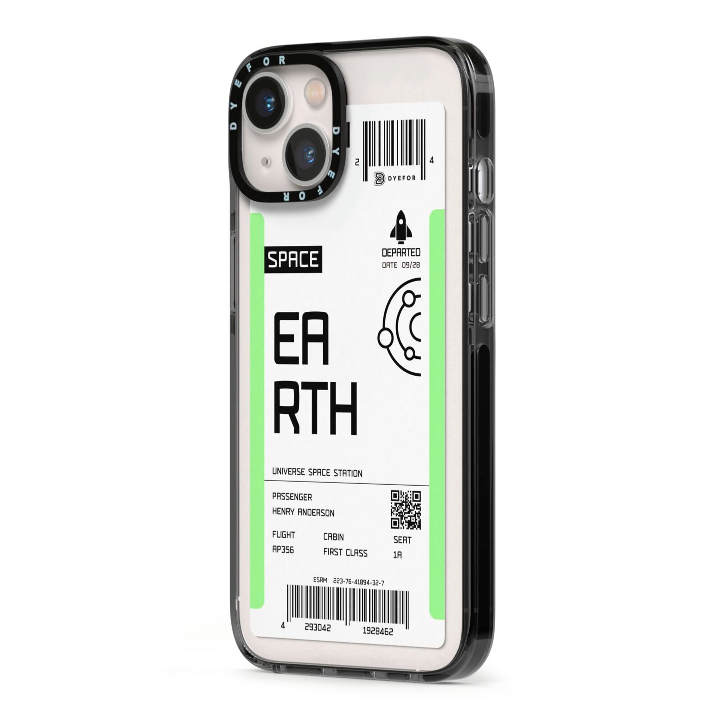 Earth Boarding Pass iPhone 13 Black Impact Case Side Angle on Silver phone