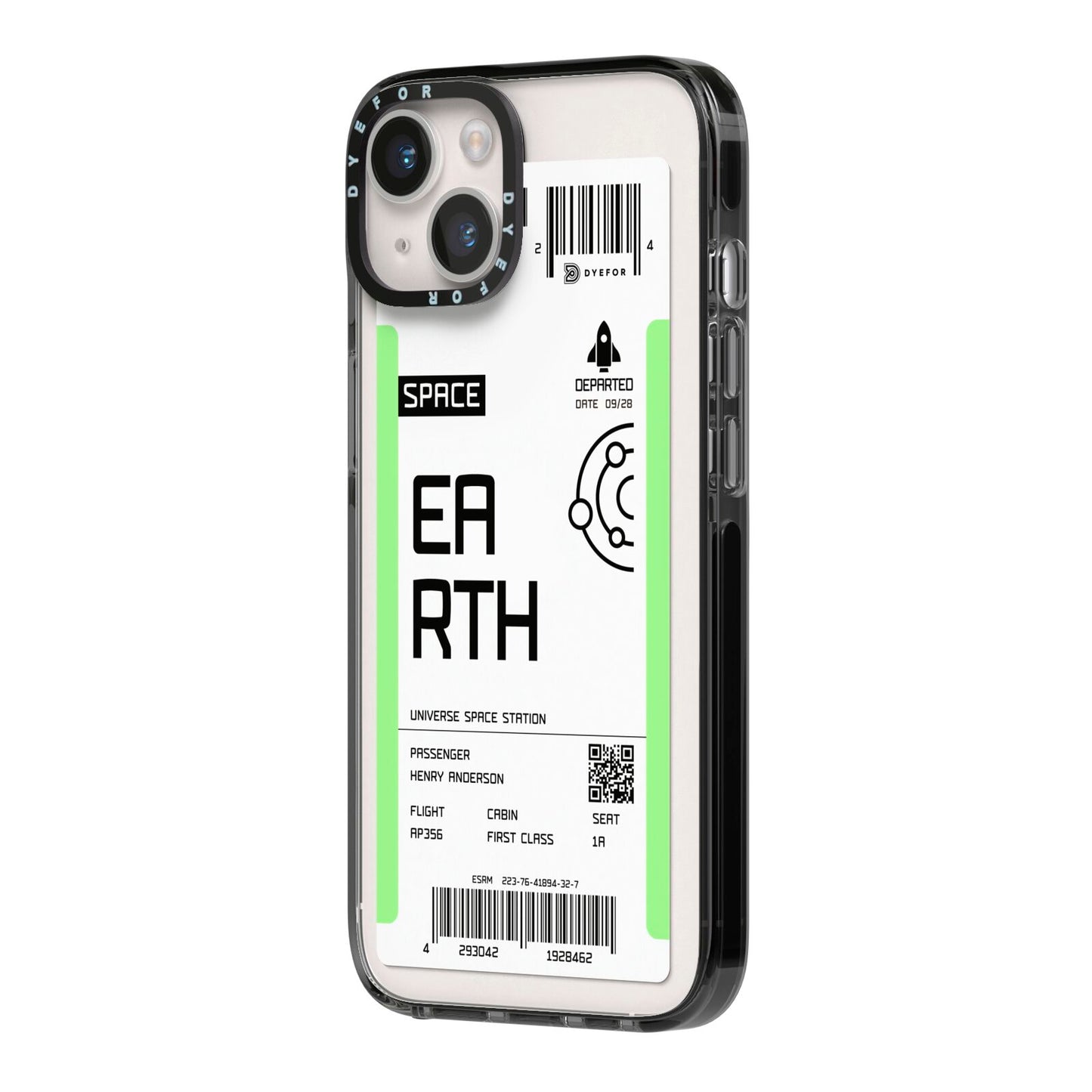 Earth Boarding Pass iPhone 14 Black Impact Case Side Angle on Silver phone