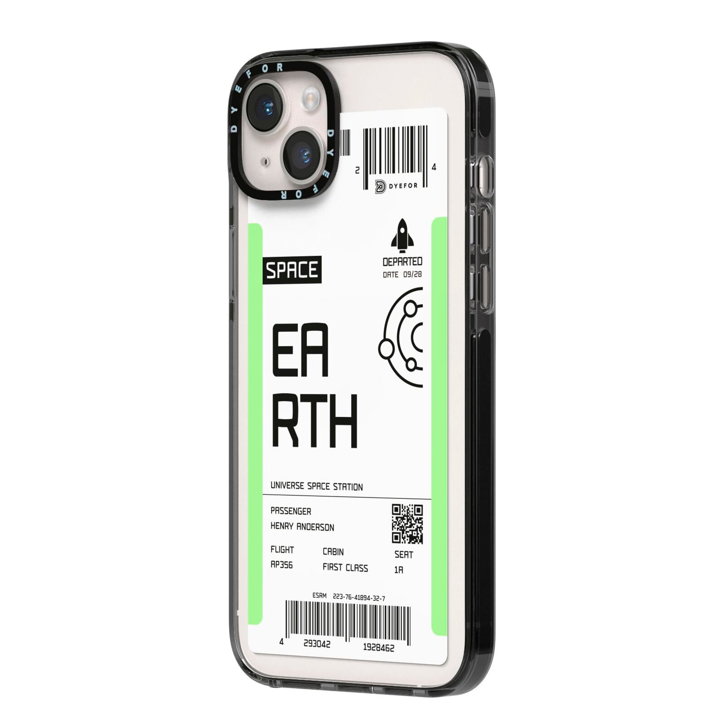 Earth Boarding Pass iPhone 14 Plus Black Impact Case Side Angle on Silver phone
