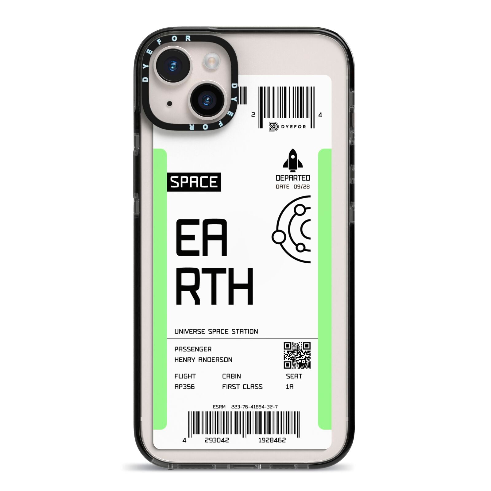 Earth Boarding Pass iPhone 14 Plus Black Impact Case on Silver phone