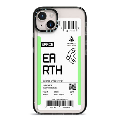 Earth Boarding Pass iPhone 14 Plus Black Impact Case on Silver phone
