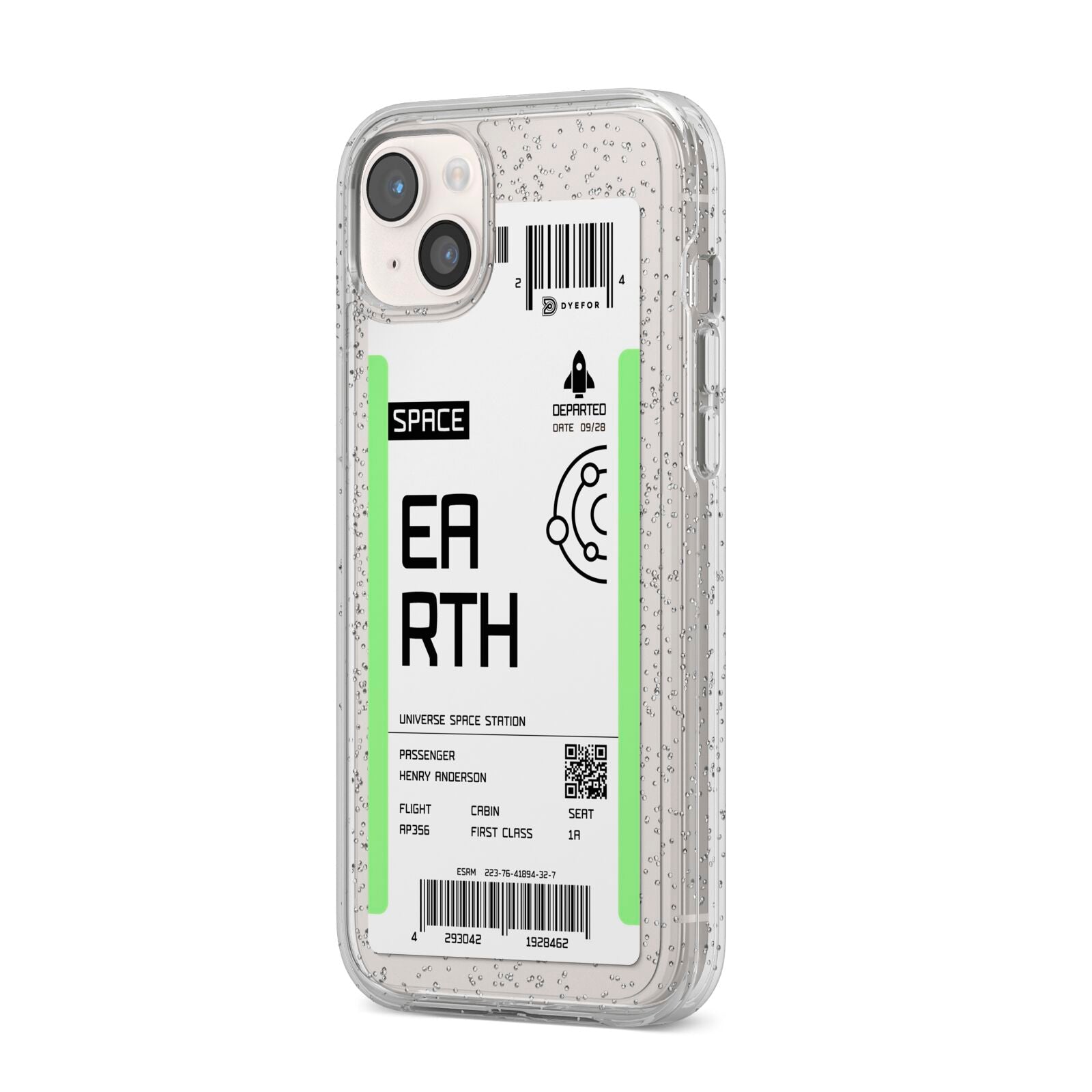 Earth Boarding Pass iPhone 14 Plus Glitter Tough Case Starlight Angled Image