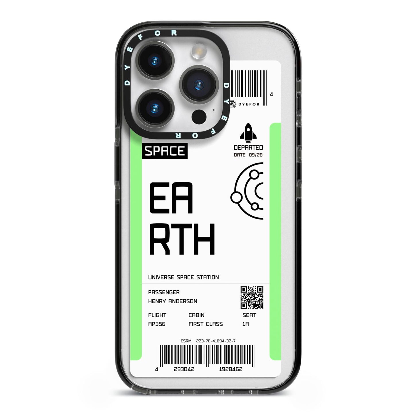Earth Boarding Pass iPhone 14 Pro Black Impact Case on Silver phone