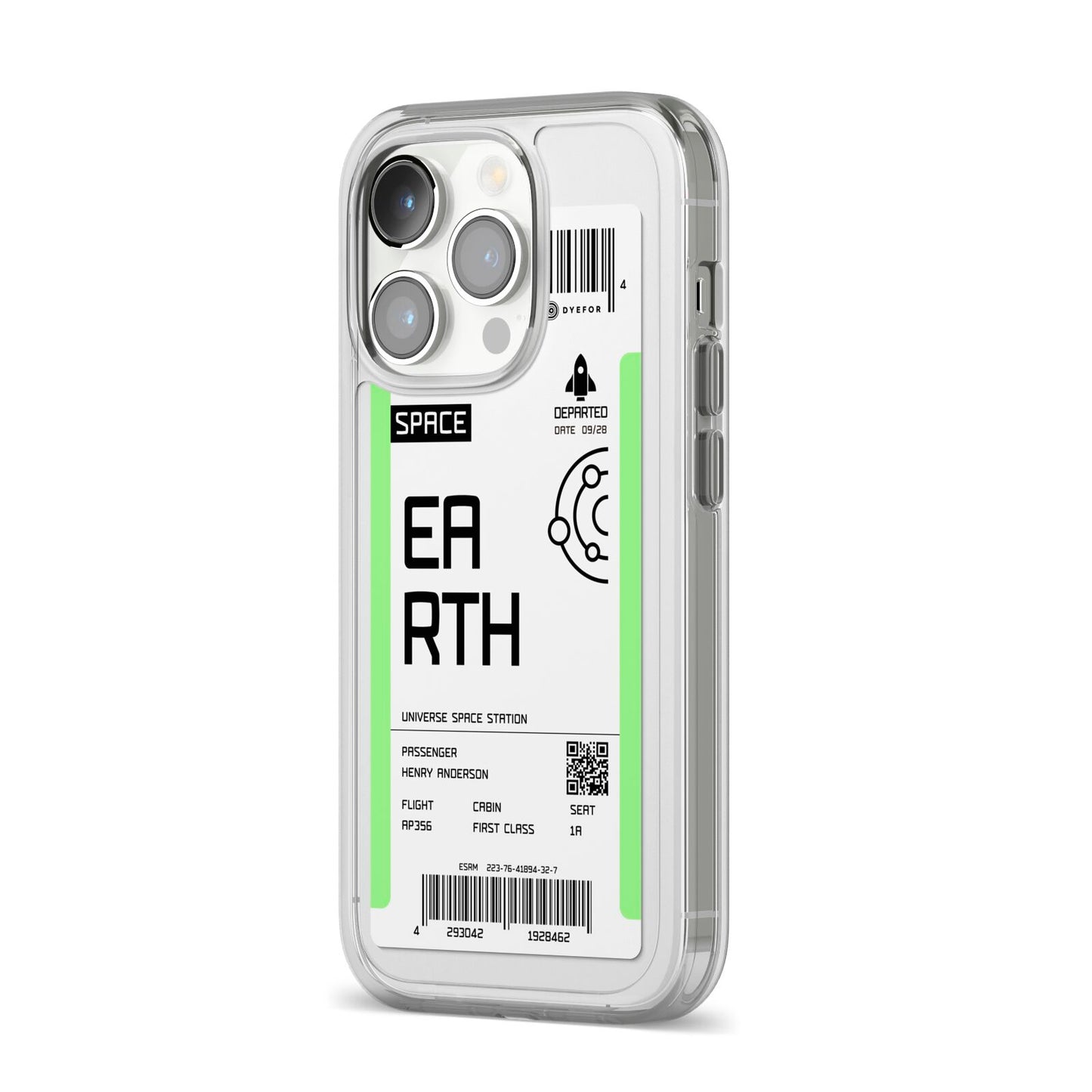 Earth Boarding Pass iPhone 14 Pro Clear Tough Case Silver Angled Image