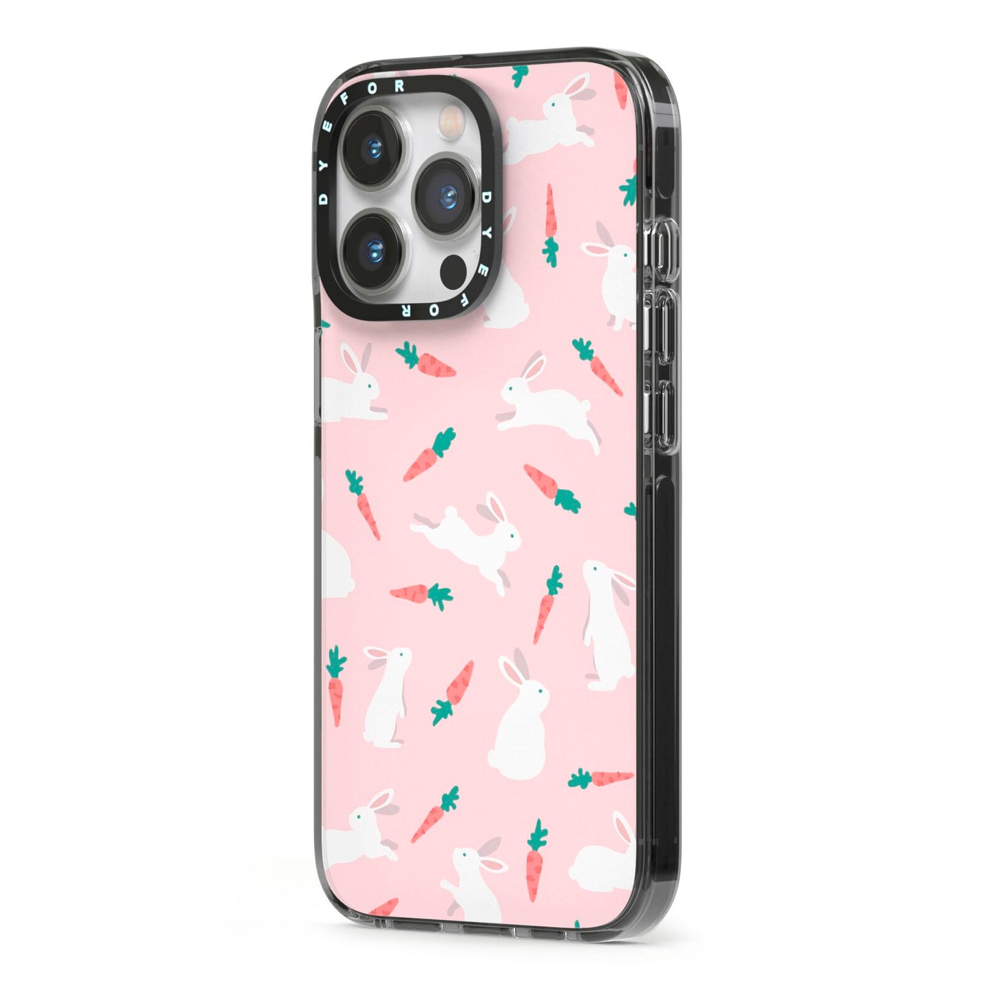 Easter Bunny And Carrot iPhone 13 Pro Black Impact Case Side Angle on Silver phone