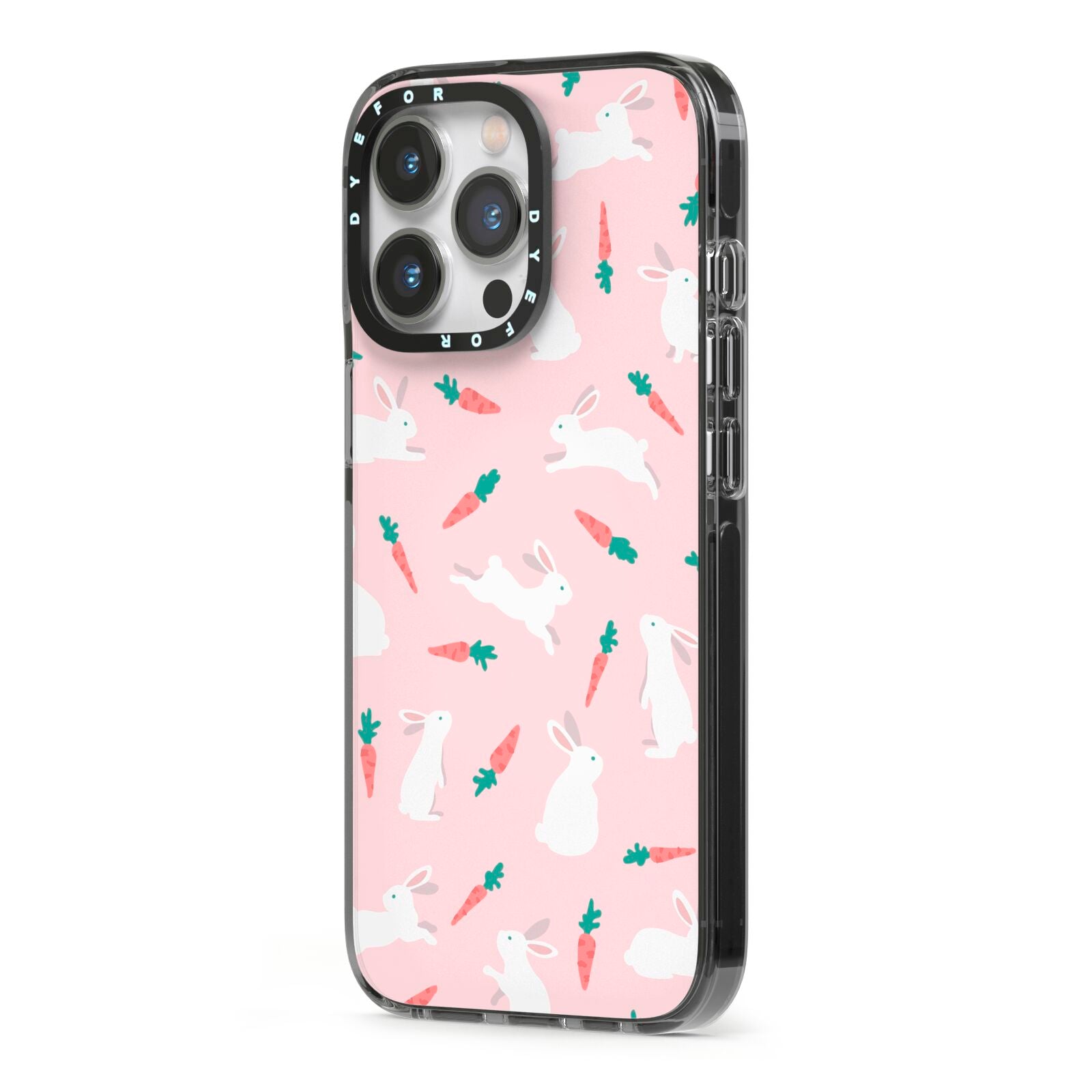 Easter Bunny And Carrot iPhone 13 Pro Black Impact Case Side Angle on Silver phone