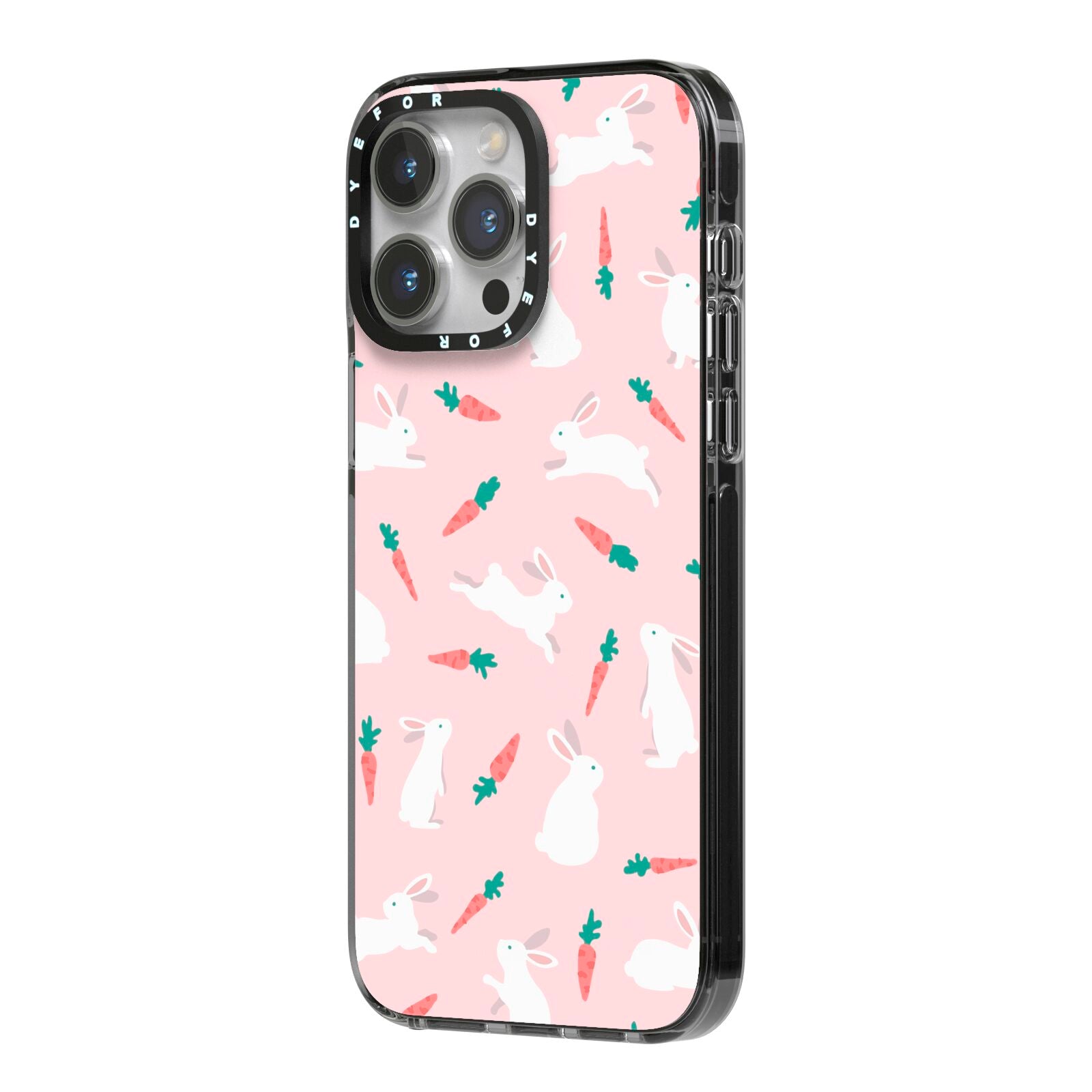 Easter Bunny And Carrot iPhone 14 Pro Max Black Impact Case Side Angle on Silver phone