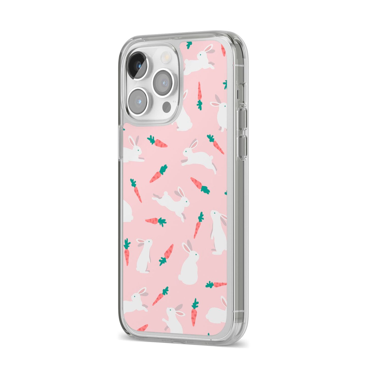 Easter Bunny And Carrot iPhone 14 Pro Max Clear Tough Case Silver Angled Image