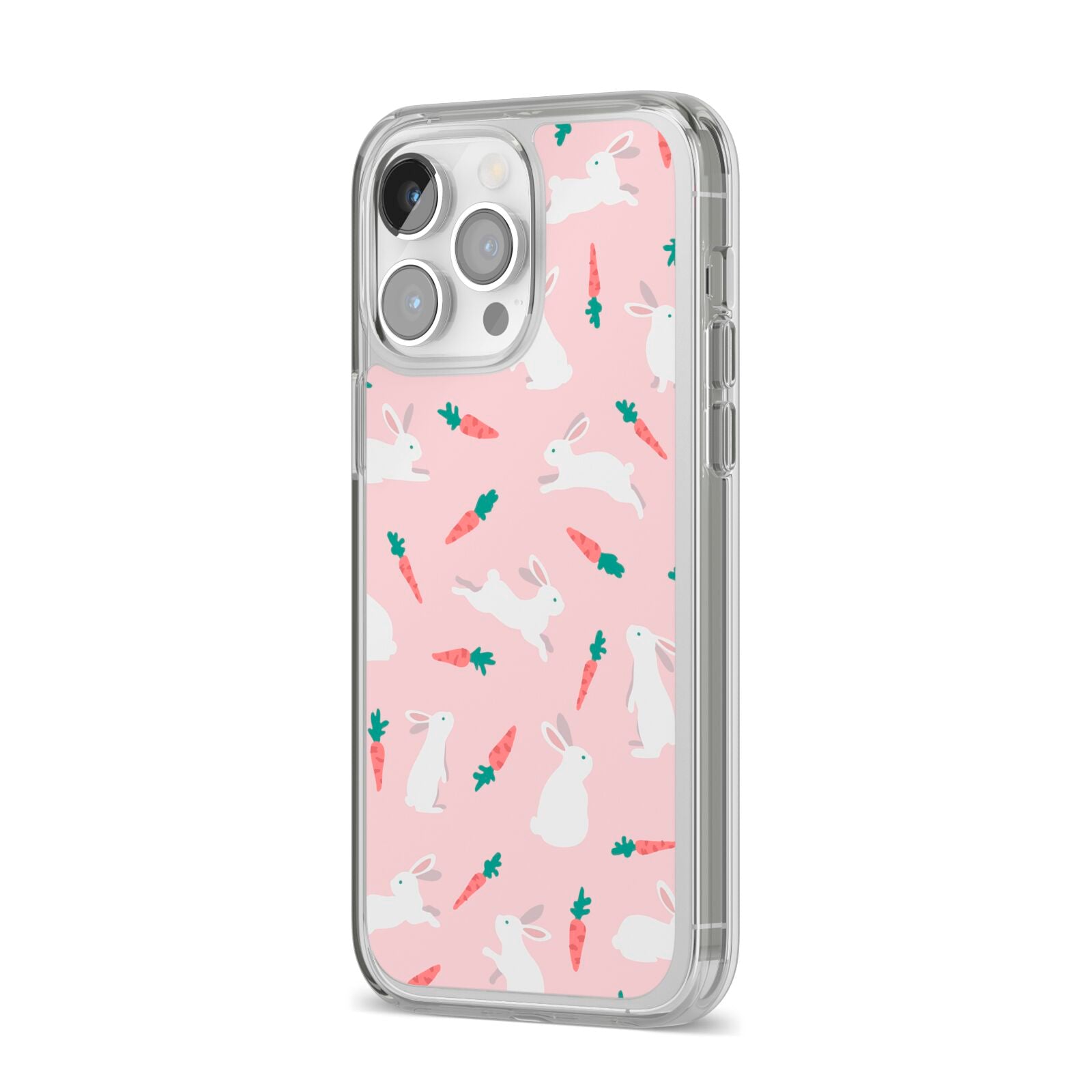Easter Bunny And Carrot iPhone 14 Pro Max Clear Tough Case Silver Angled Image