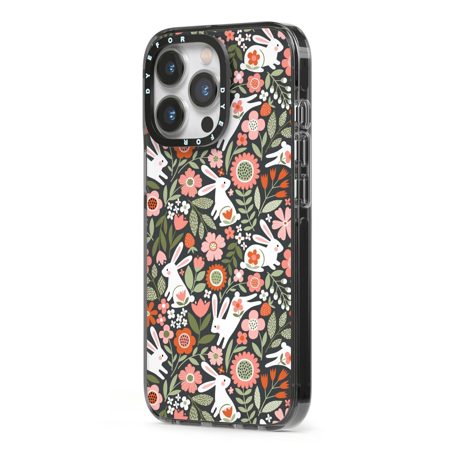 Easter Floral iPhone 13 Pro Black Impact Case Side Angle on Silver phone