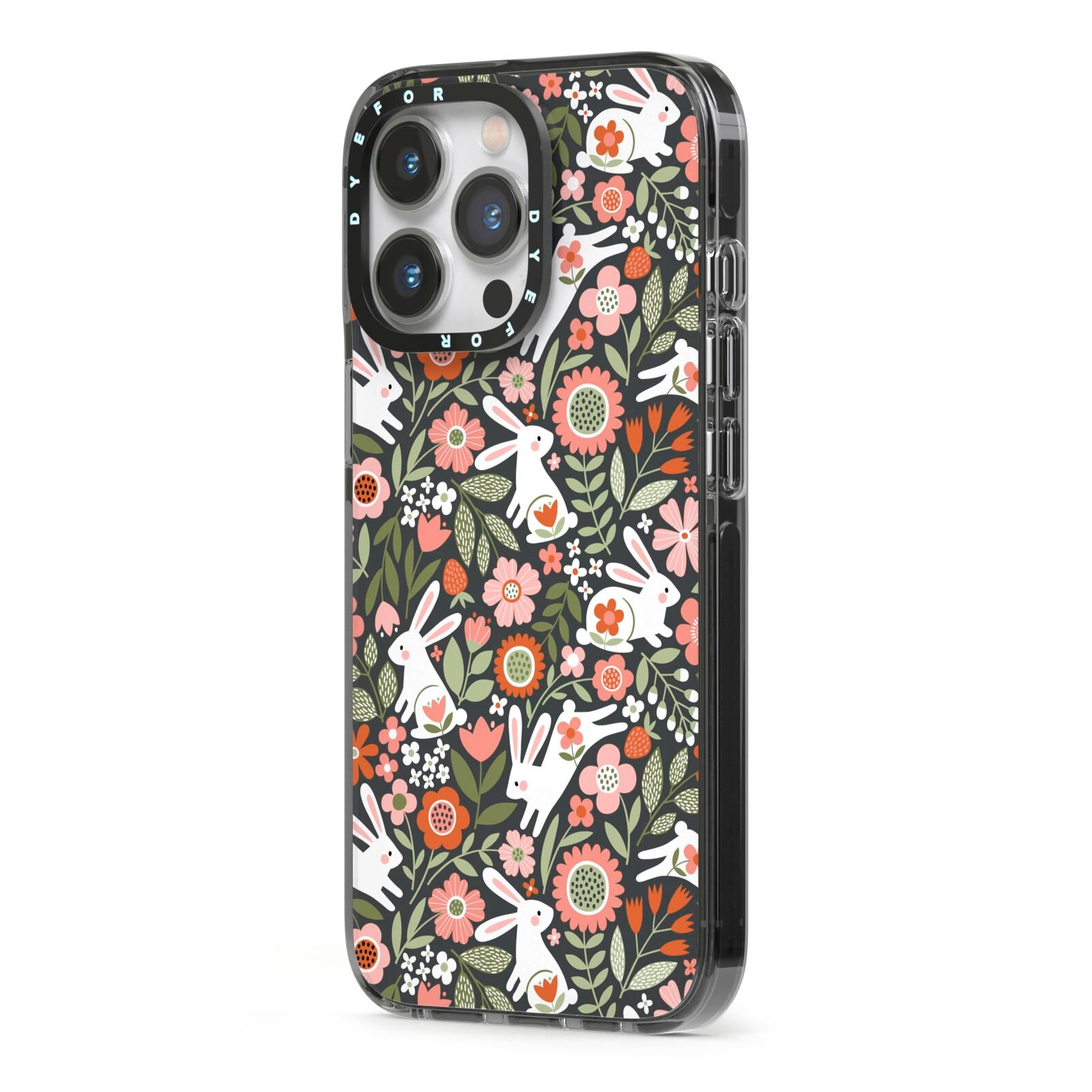 Easter Floral iPhone 13 Pro Black Impact Case Side Angle on Silver phone