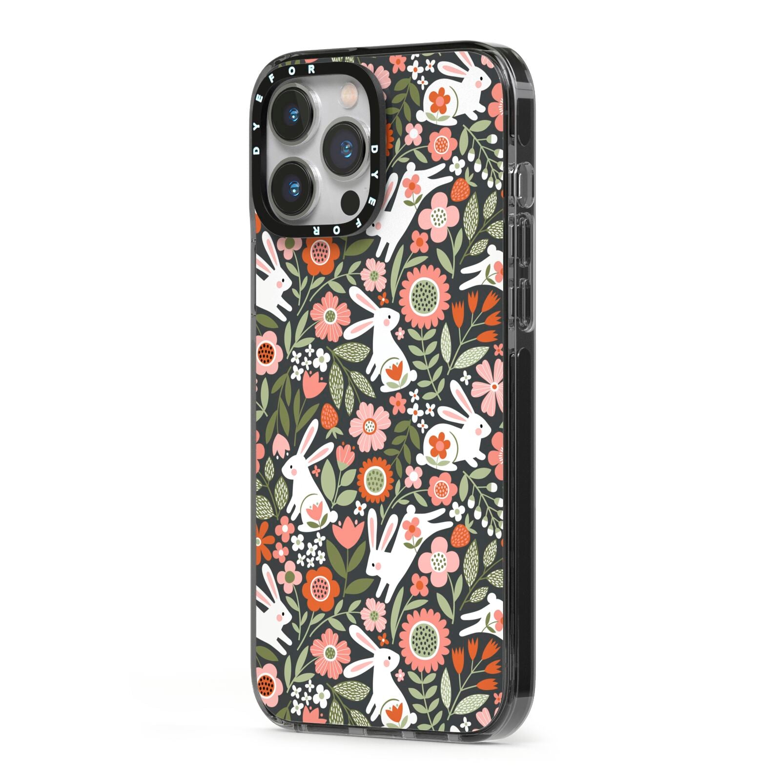 Easter Floral iPhone 13 Pro Max Black Impact Case Side Angle on Silver phone