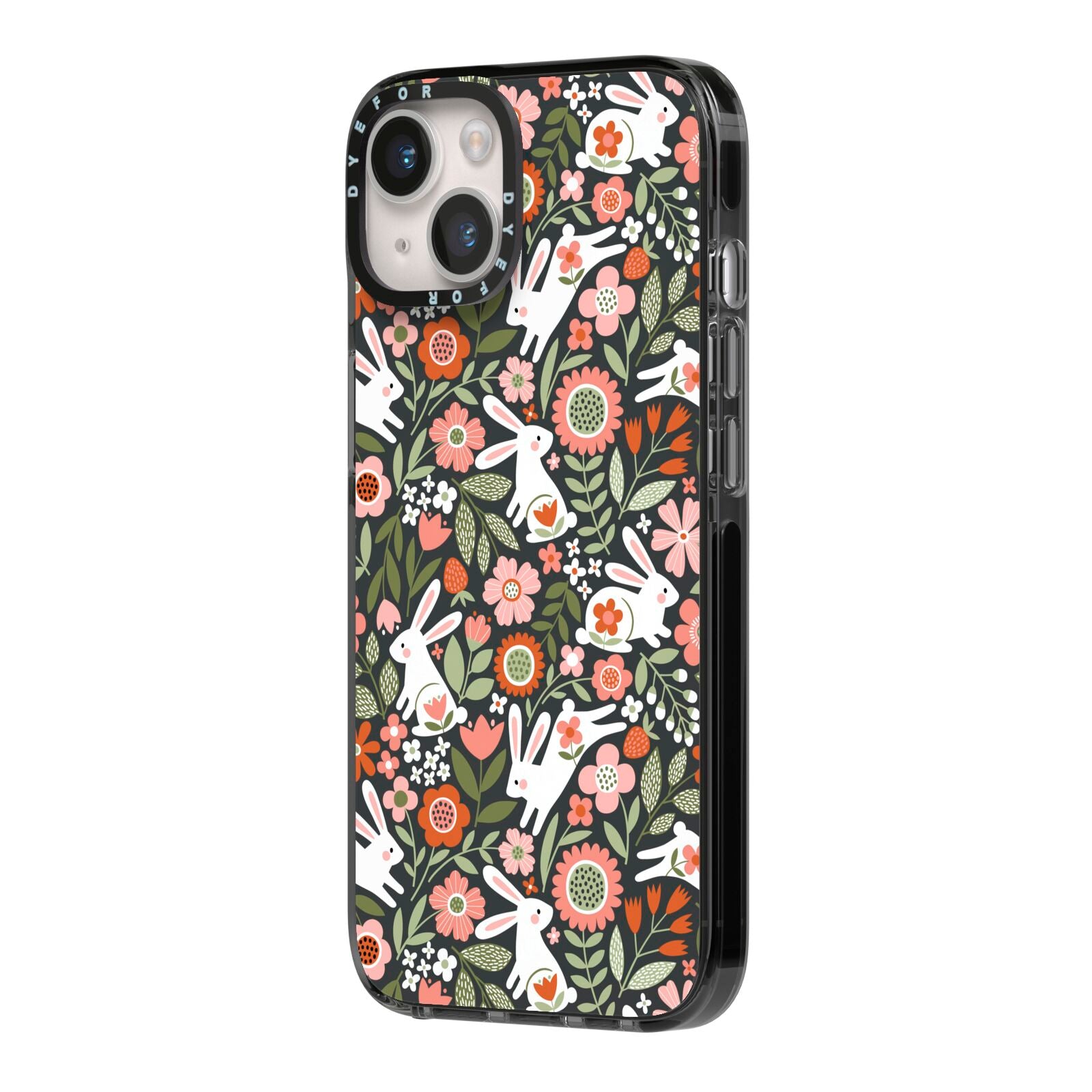 Easter Floral iPhone 14 Black Impact Case Side Angle on Silver phone