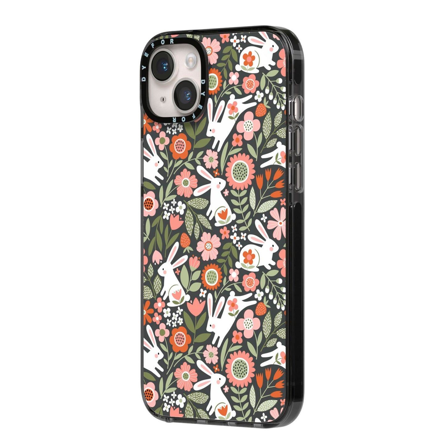Easter Floral iPhone 14 Plus Black Impact Case Side Angle on Silver phone