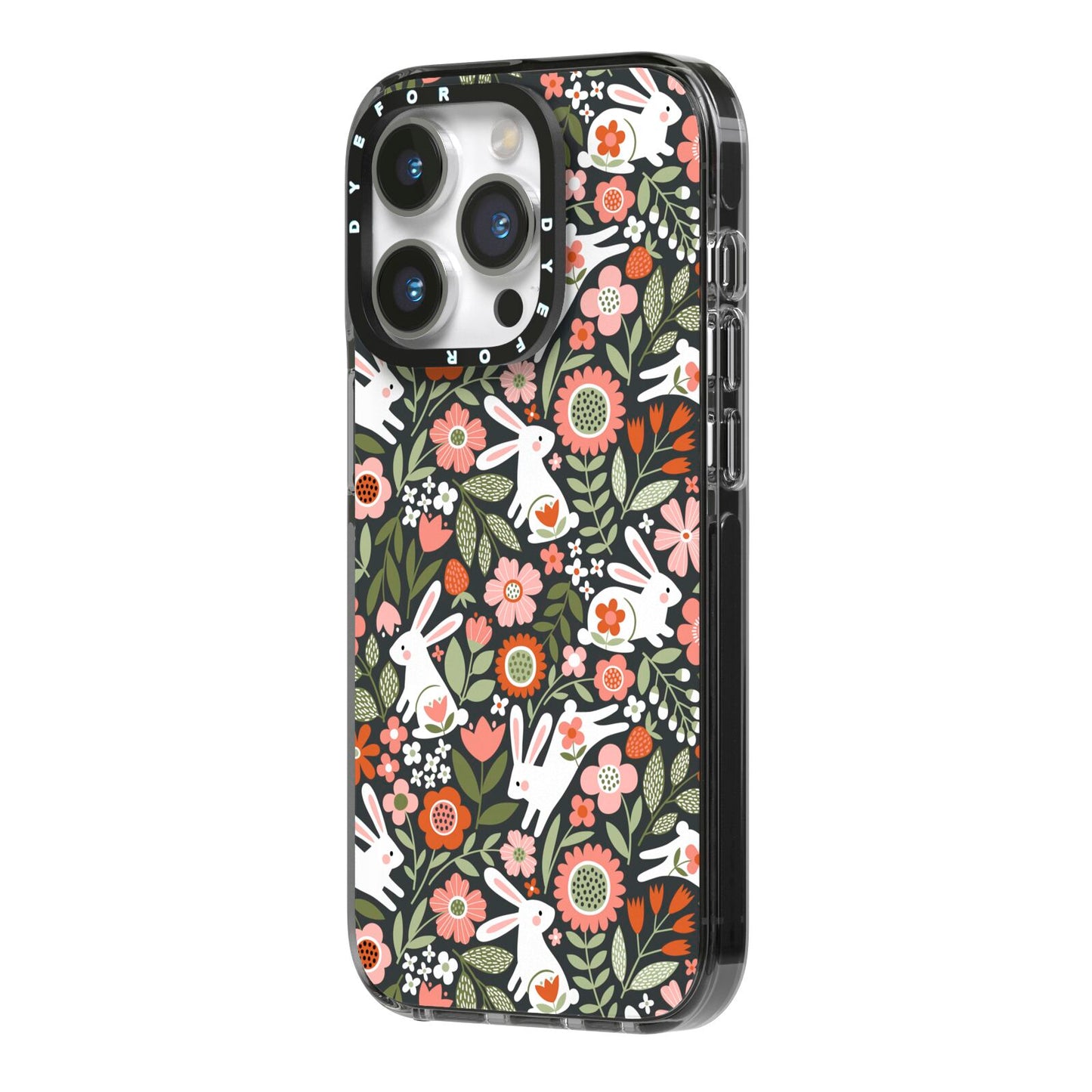 Easter Floral iPhone 14 Pro Black Impact Case Side Angle on Silver phone