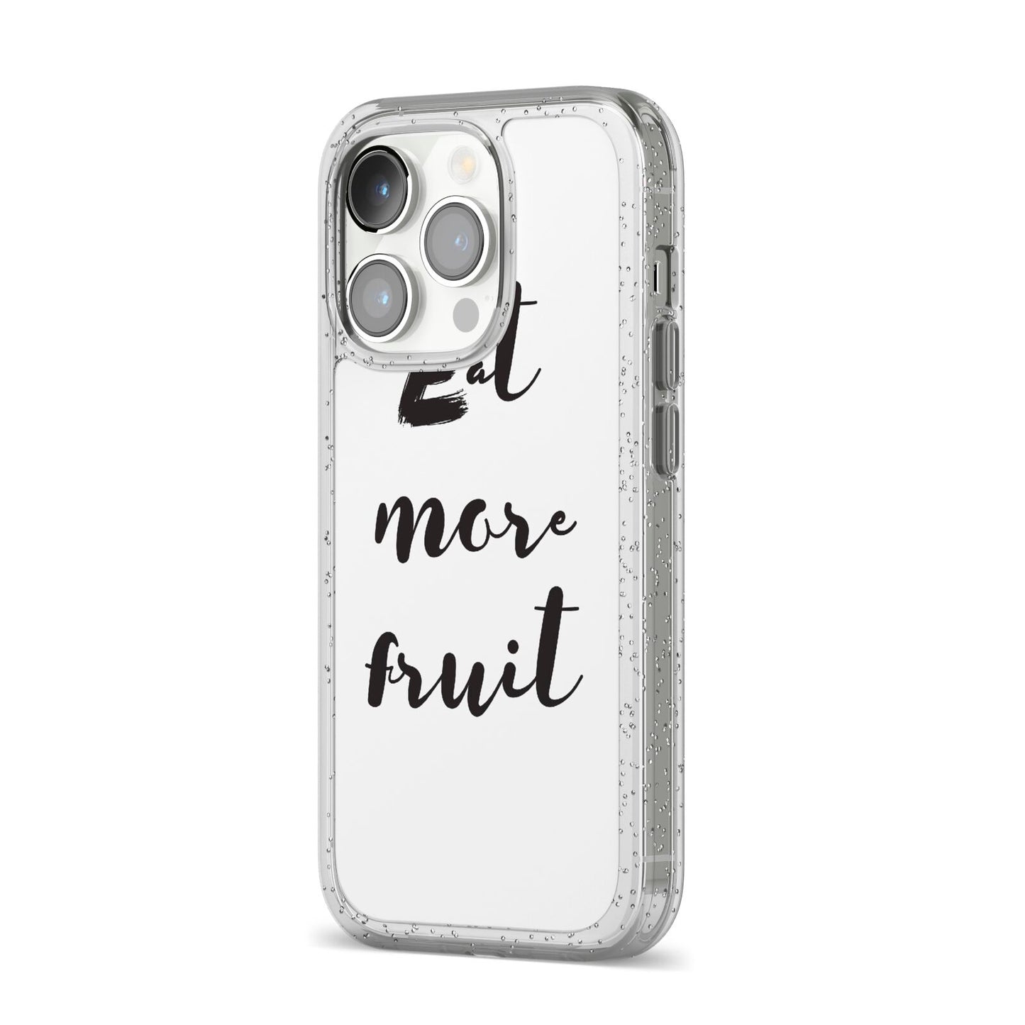 Eat More Fruit iPhone 14 Pro Glitter Tough Case Silver Angled Image