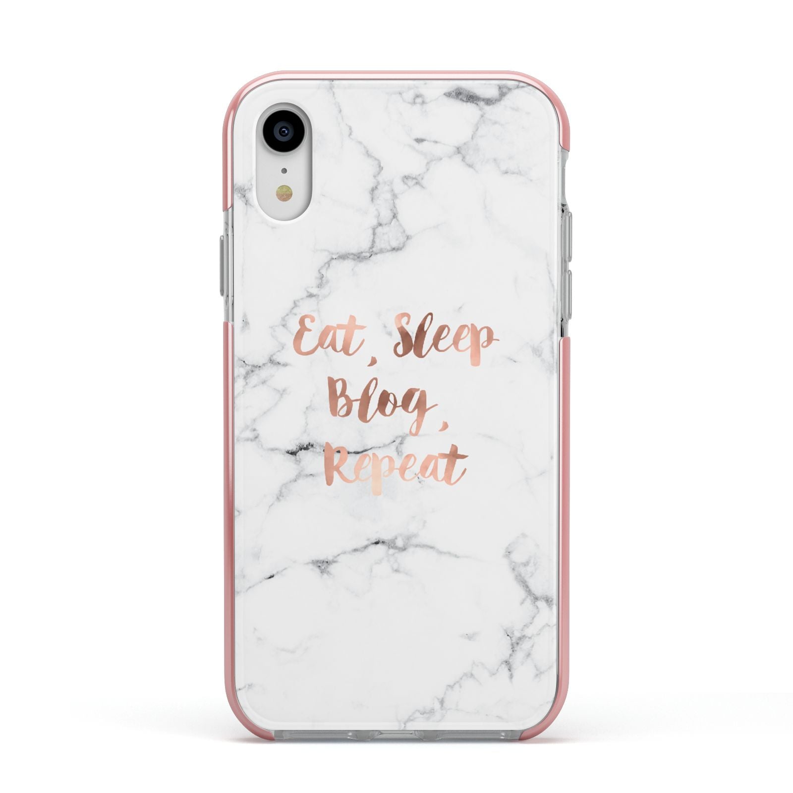 Eat Sleep Blog Repeat Marble Effect Apple iPhone XR Impact Case Pink Edge on Silver Phone