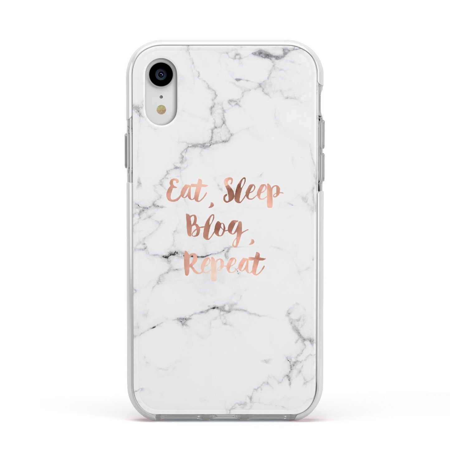Eat Sleep Blog Repeat Marble Effect Apple iPhone XR Impact Case White Edge on Silver Phone