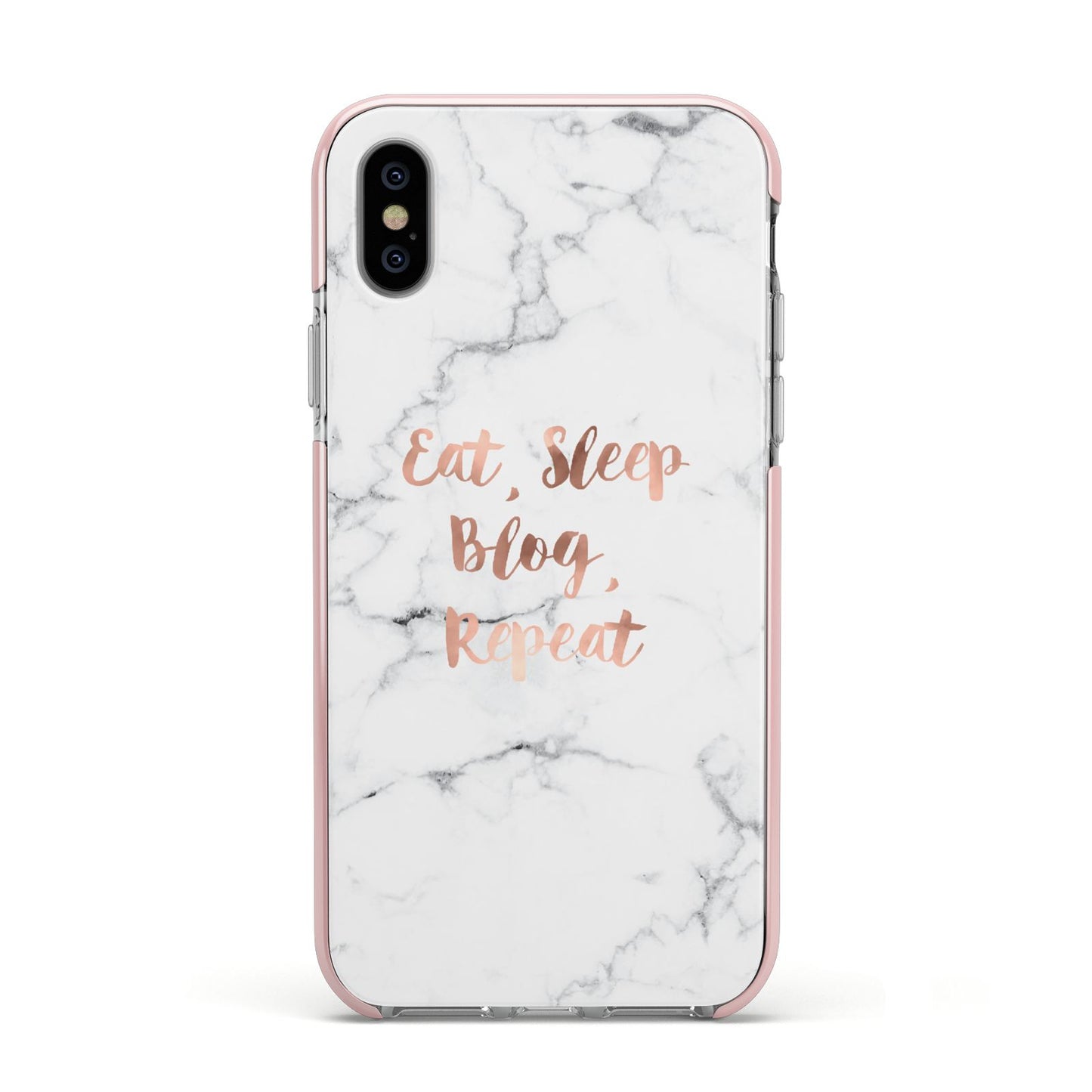 Eat Sleep Blog Repeat Marble Effect Apple iPhone Xs Impact Case Pink Edge on Silver Phone