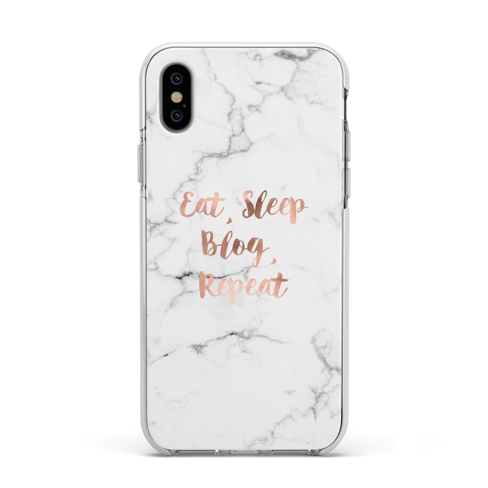 Eat Sleep Blog Repeat Marble Effect Apple iPhone Xs Impact Case White Edge on Silver Phone