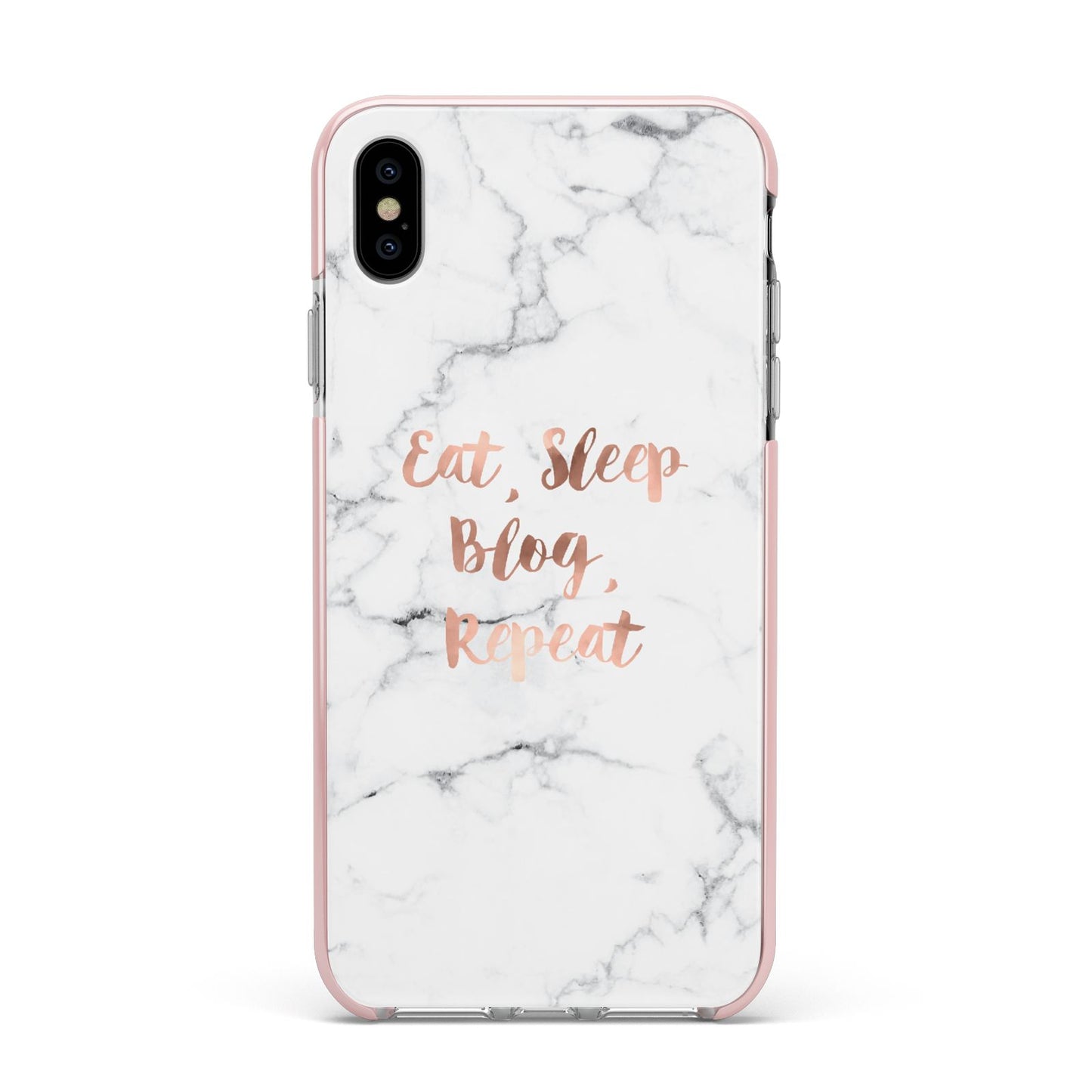 Eat Sleep Blog Repeat Marble Effect Apple iPhone Xs Max Impact Case Pink Edge on Silver Phone