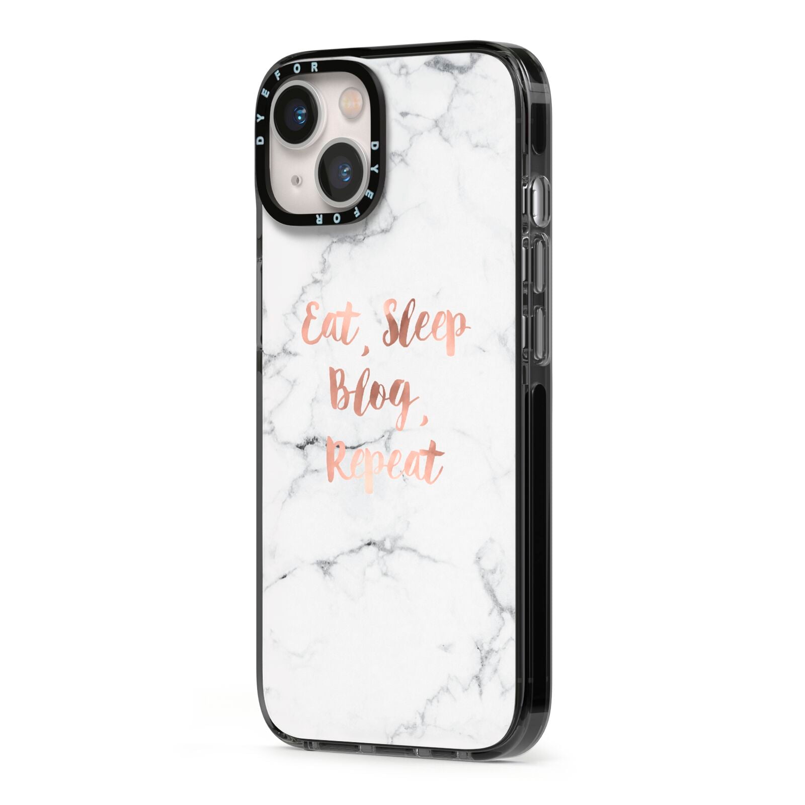 Eat Sleep Blog Repeat Marble Effect iPhone 13 Black Impact Case Side Angle on Silver phone