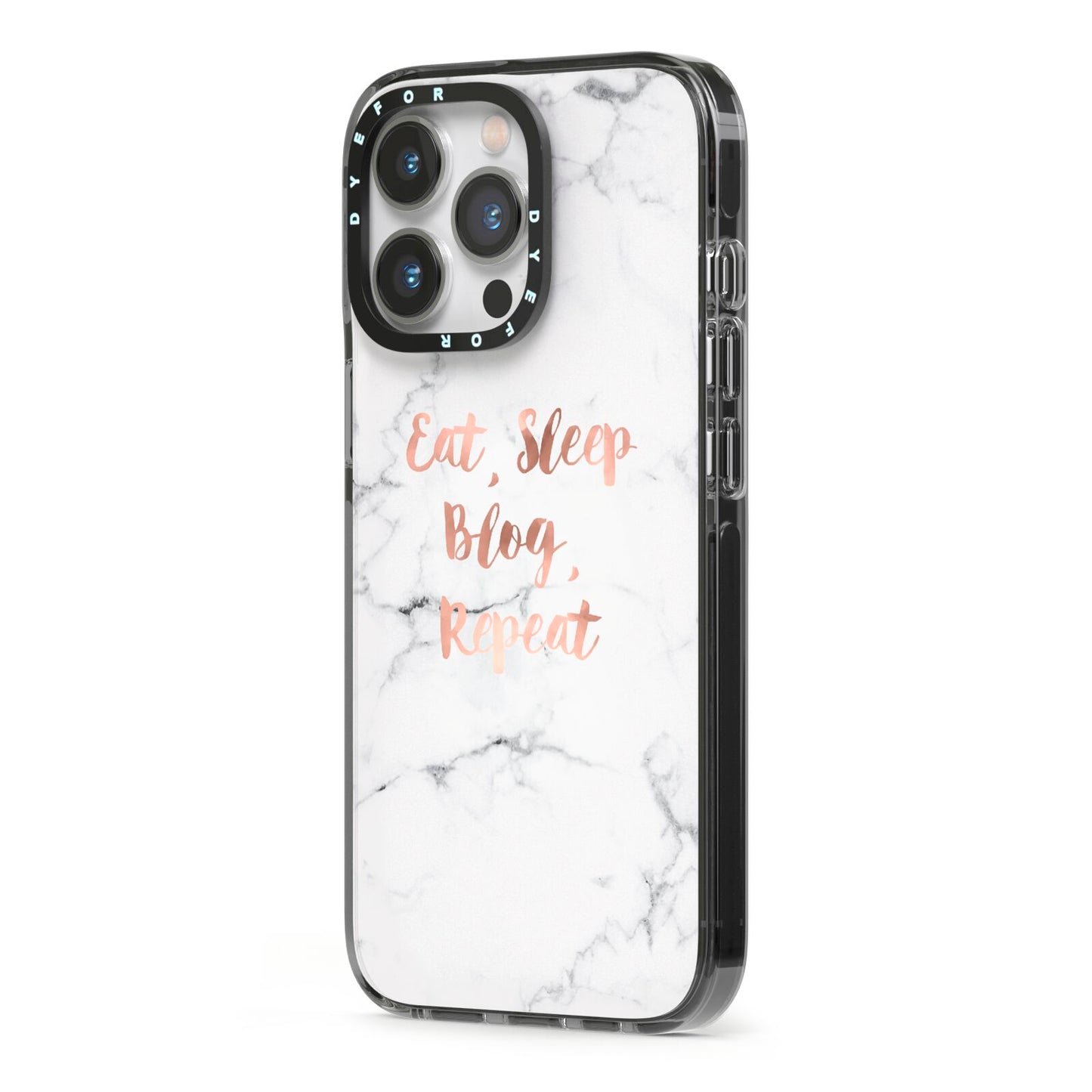 Eat Sleep Blog Repeat Marble Effect iPhone 13 Pro Black Impact Case Side Angle on Silver phone