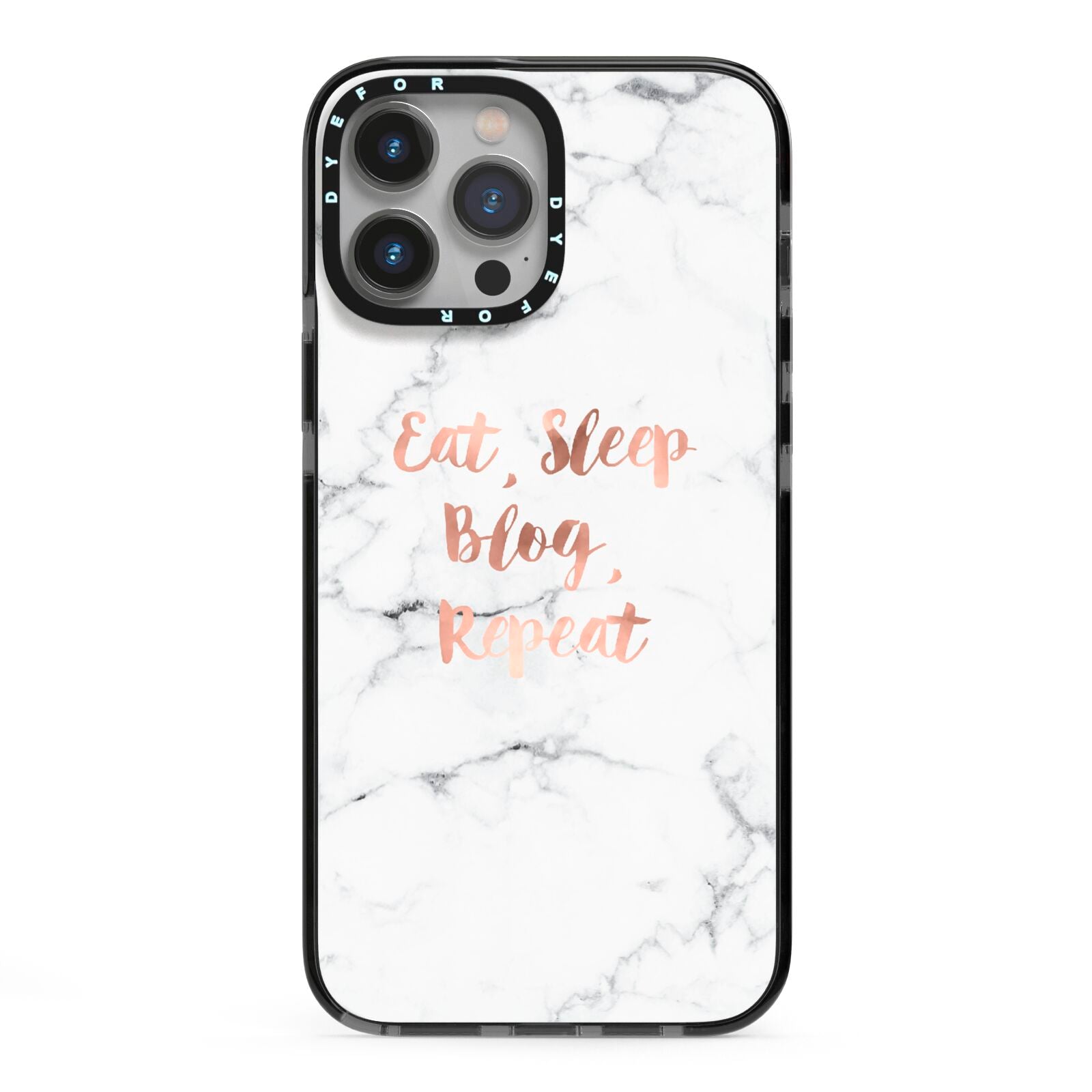 Eat Sleep Blog Repeat Marble Effect iPhone 13 Pro Max Black Impact Case on Silver phone