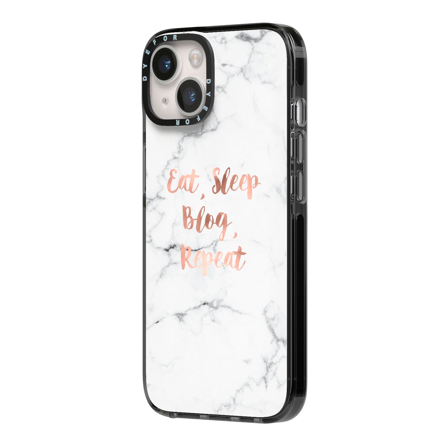 Eat Sleep Blog Repeat Marble Effect iPhone 14 Black Impact Case Side Angle on Silver phone