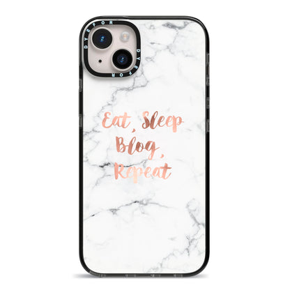 Eat Sleep Blog Repeat Marble Effect iPhone 14 Plus Black Impact Case on Silver phone
