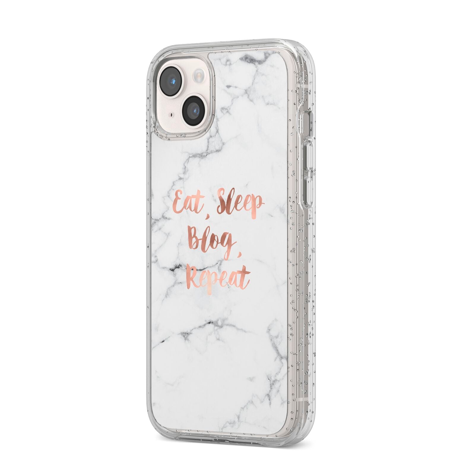 Eat Sleep Blog Repeat Marble Effect iPhone 14 Plus Glitter Tough Case Starlight Angled Image