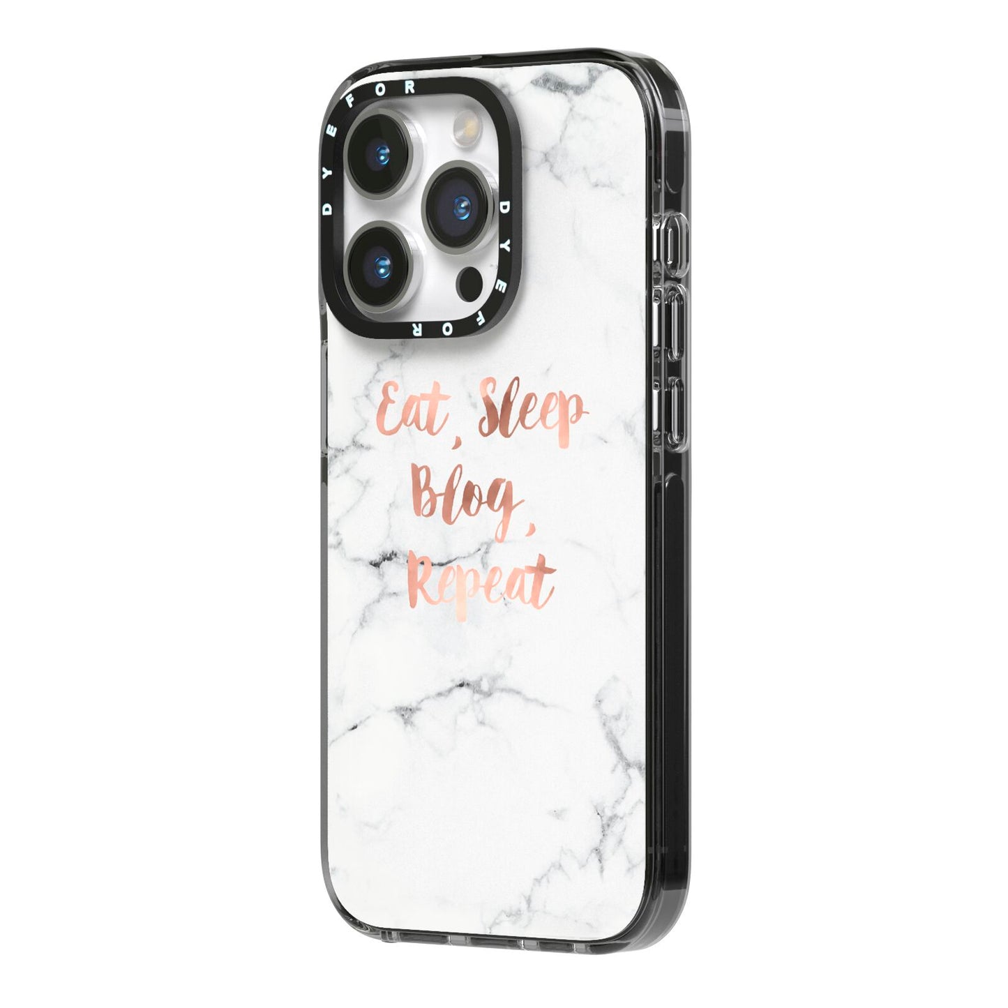 Eat Sleep Blog Repeat Marble Effect iPhone 14 Pro Black Impact Case Side Angle on Silver phone