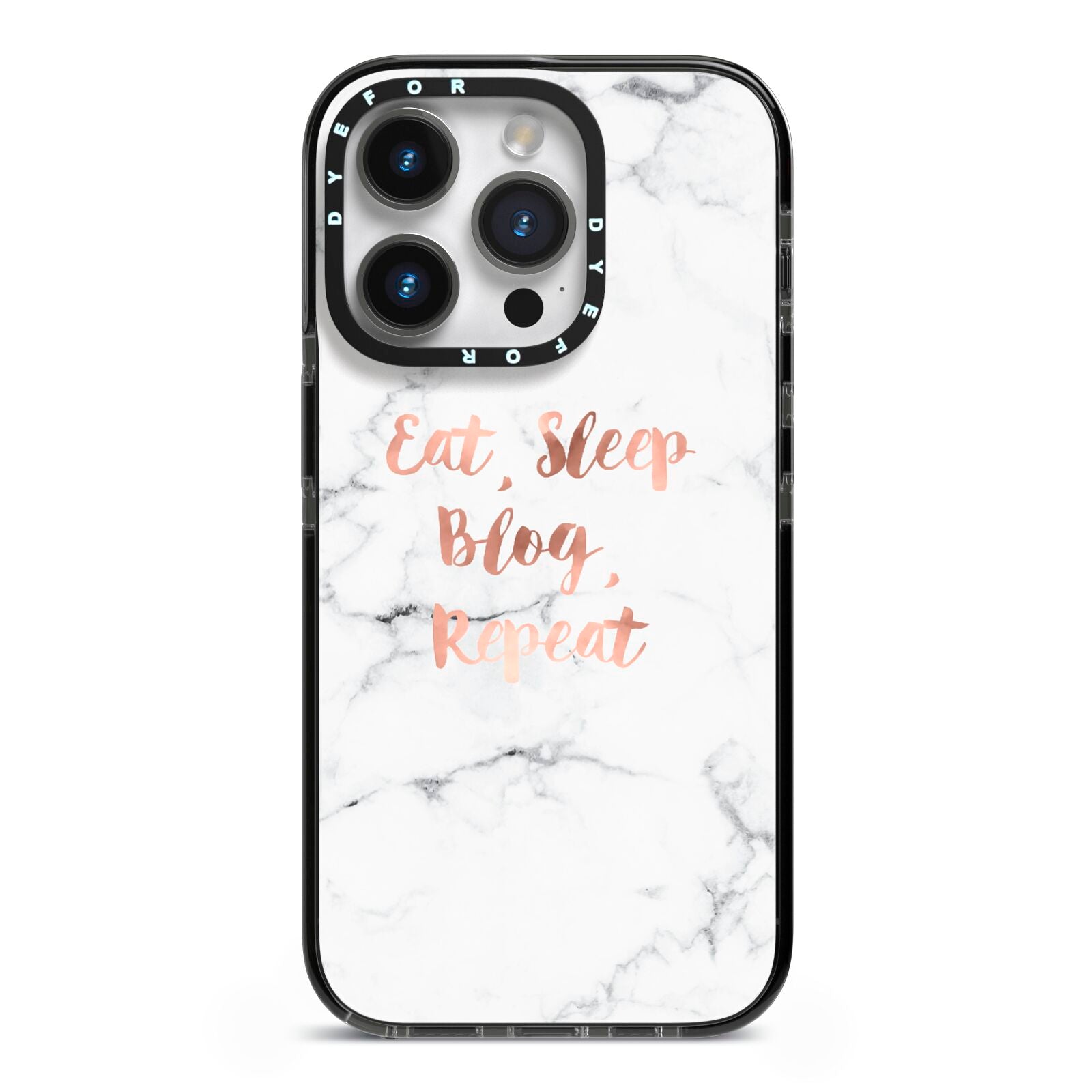 Eat Sleep Blog Repeat Marble Effect iPhone 14 Pro Black Impact Case on Silver phone