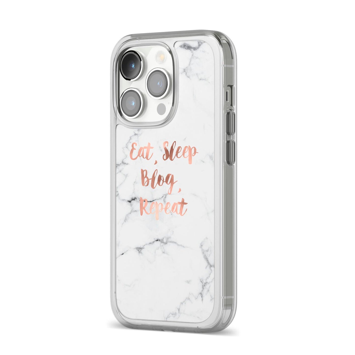 Eat Sleep Blog Repeat Marble Effect iPhone 14 Pro Clear Tough Case Silver Angled Image