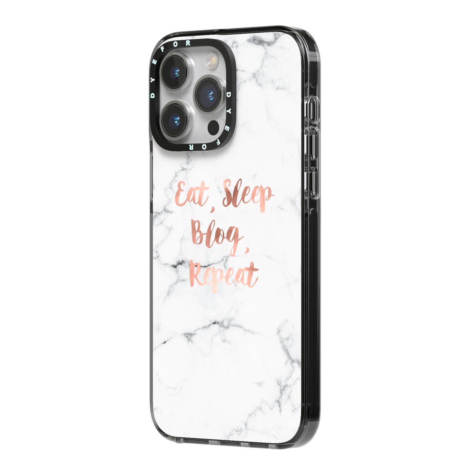 Eat Sleep Blog Repeat Marble Effect iPhone 14 Pro Max Black Impact Case Side Angle on Silver phone