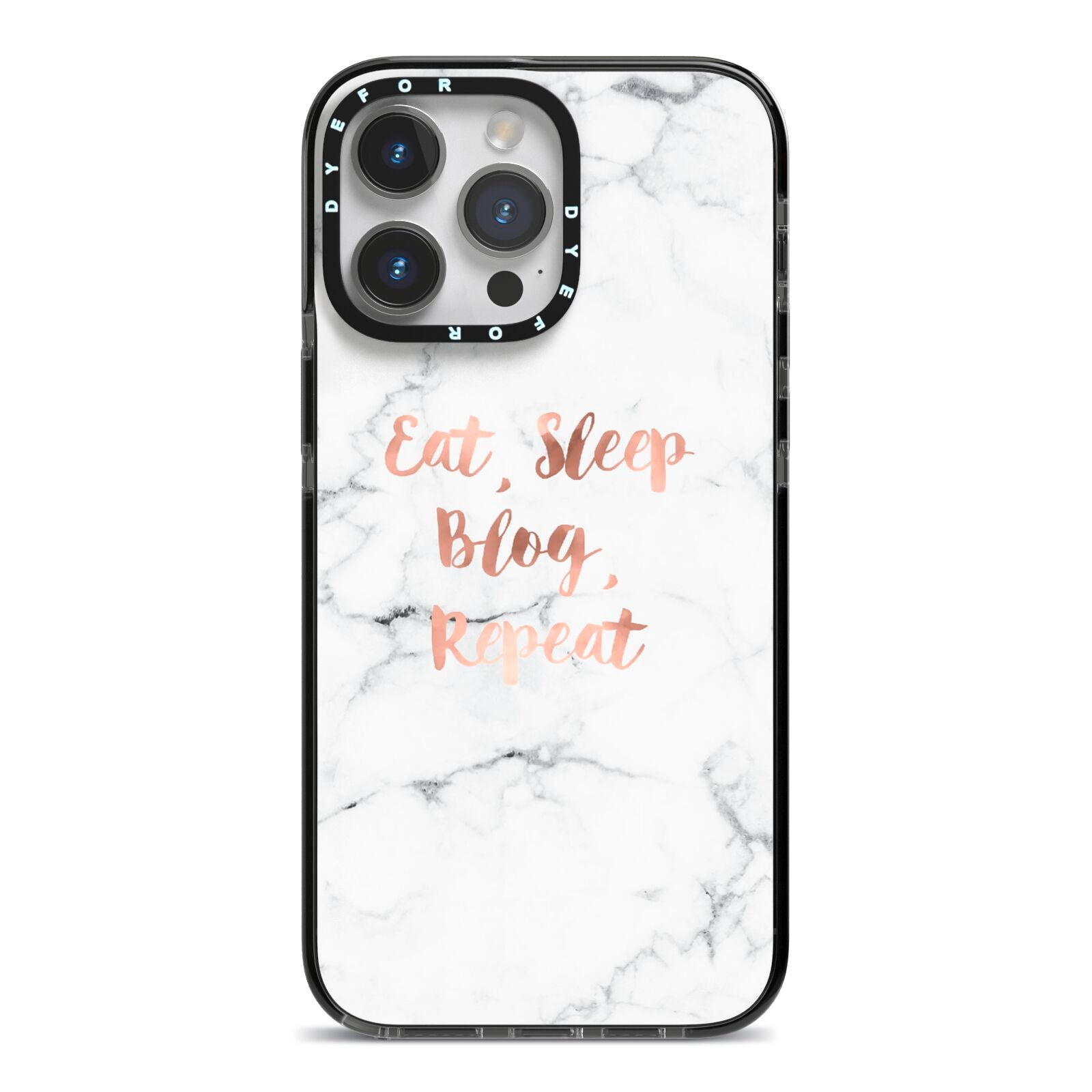 Eat Sleep Blog Repeat Marble Effect iPhone 14 Pro Max Black Impact Case on Silver phone