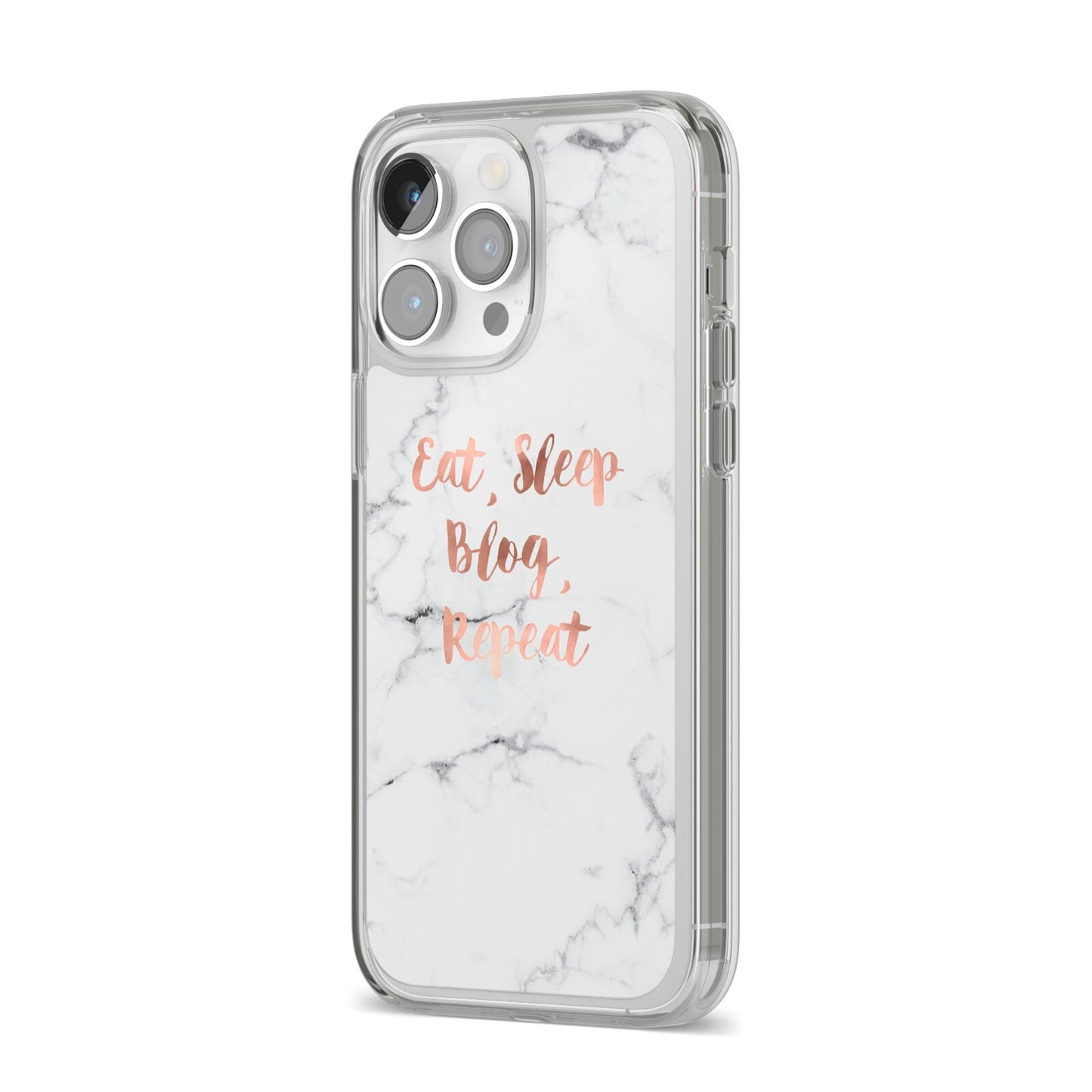 Eat Sleep Blog Repeat Marble Effect iPhone 14 Pro Max Clear Tough Case Silver Angled Image