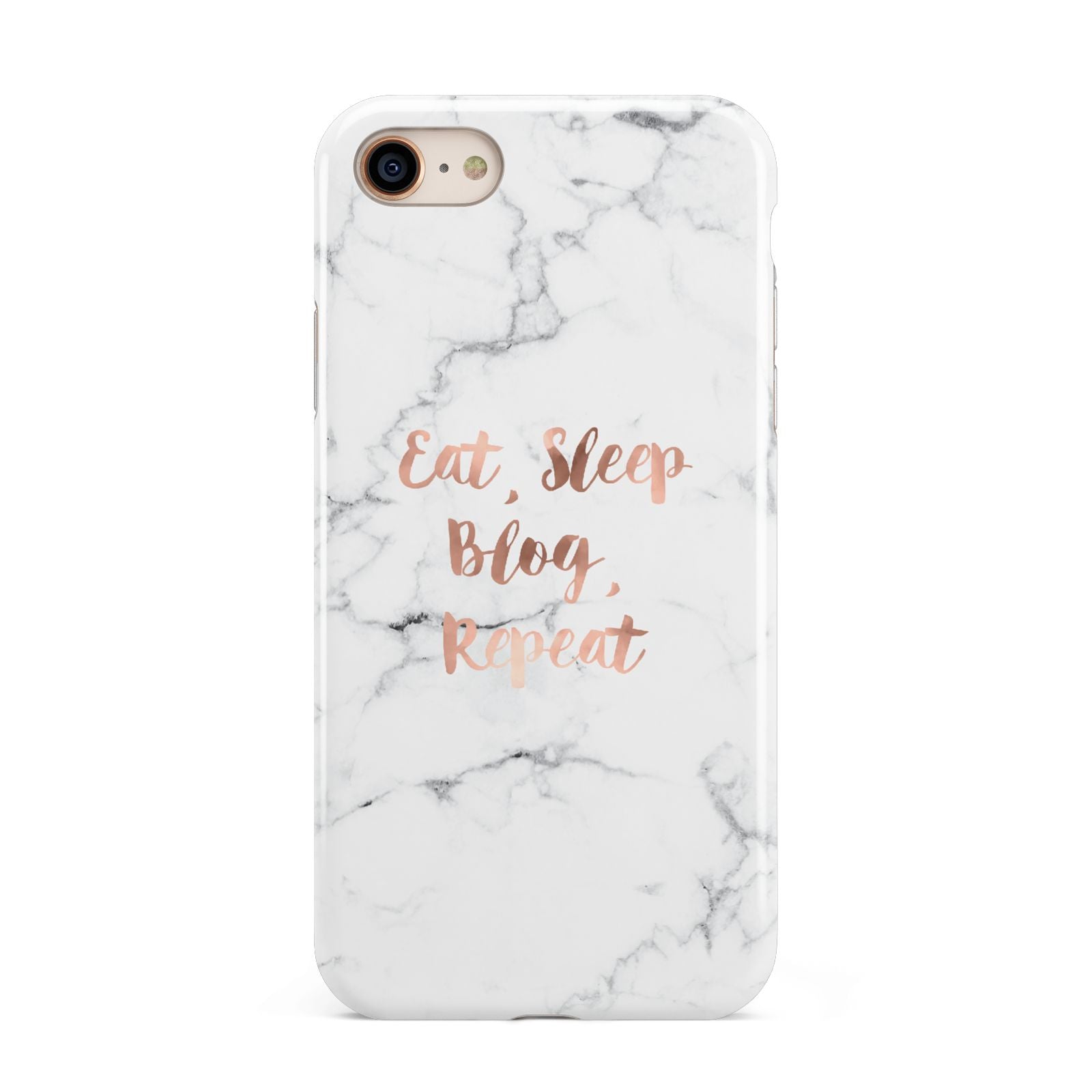 Eat Sleep Blog Repeat Marble Effect iPhone 8 3D Tough Case on Gold Phone