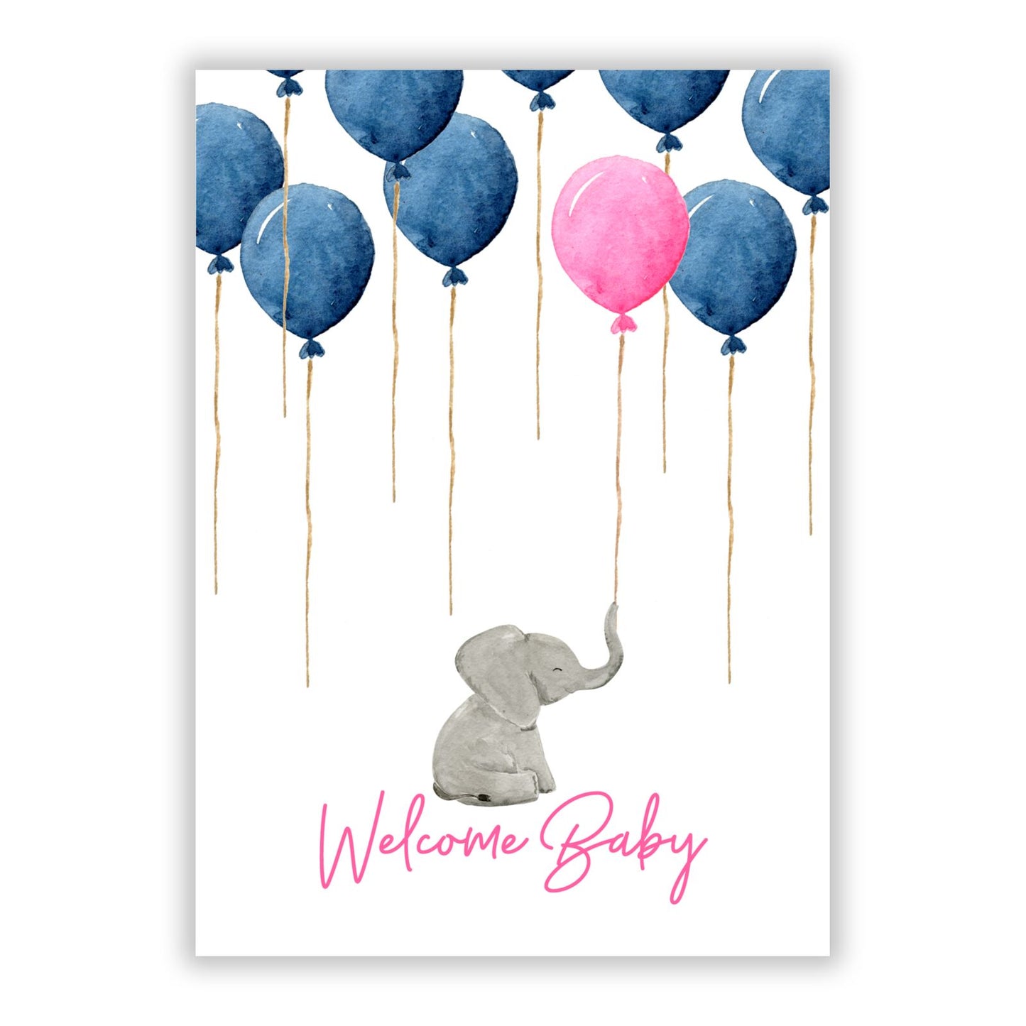 Elephant with Balloons Baby Girl Reveal A5 Flat Greetings Card