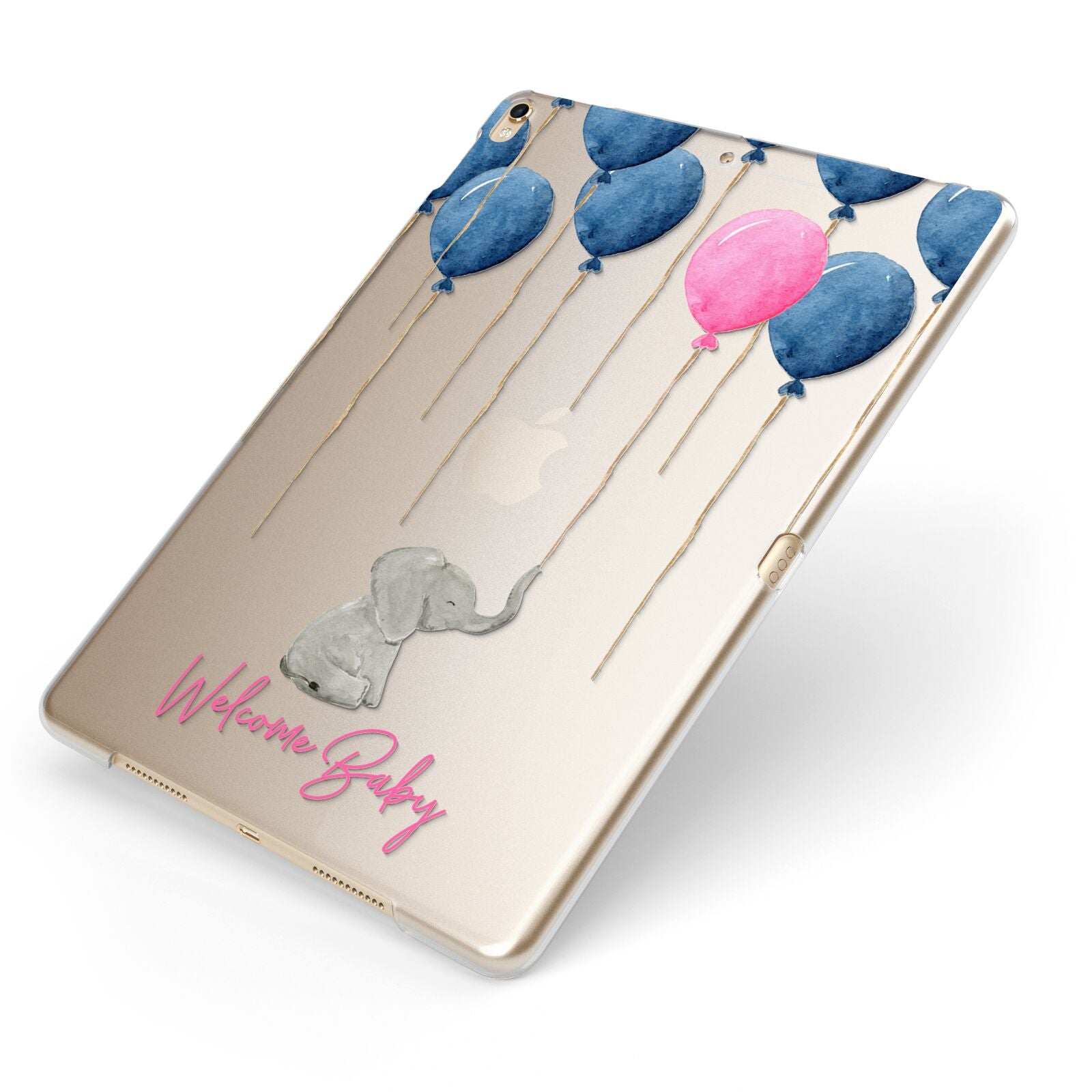 Elephant with Balloons Baby Girl Reveal Apple iPad Case on Gold iPad Side View