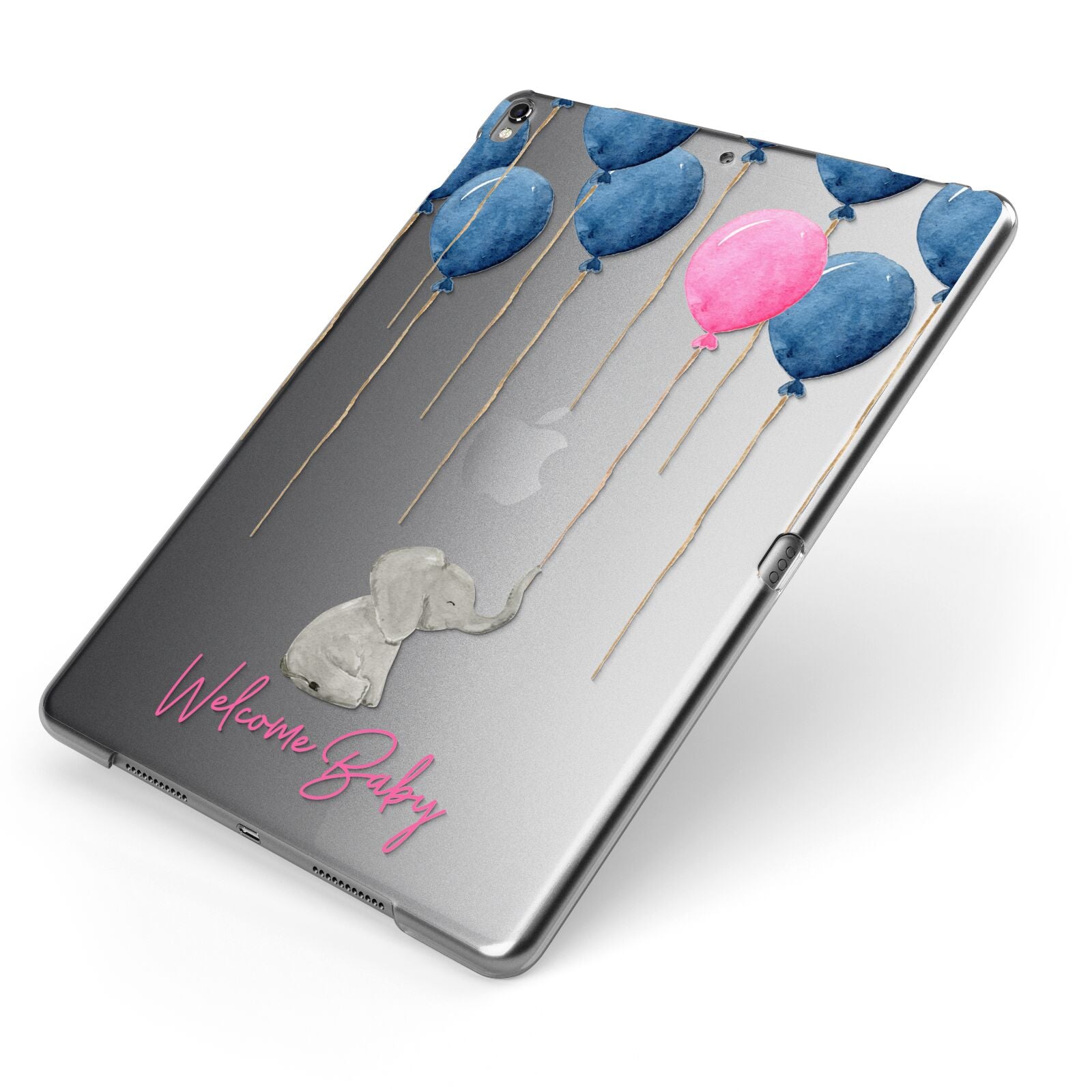 Elephant with Balloons Baby Girl Reveal Apple iPad Case on Grey iPad Side View