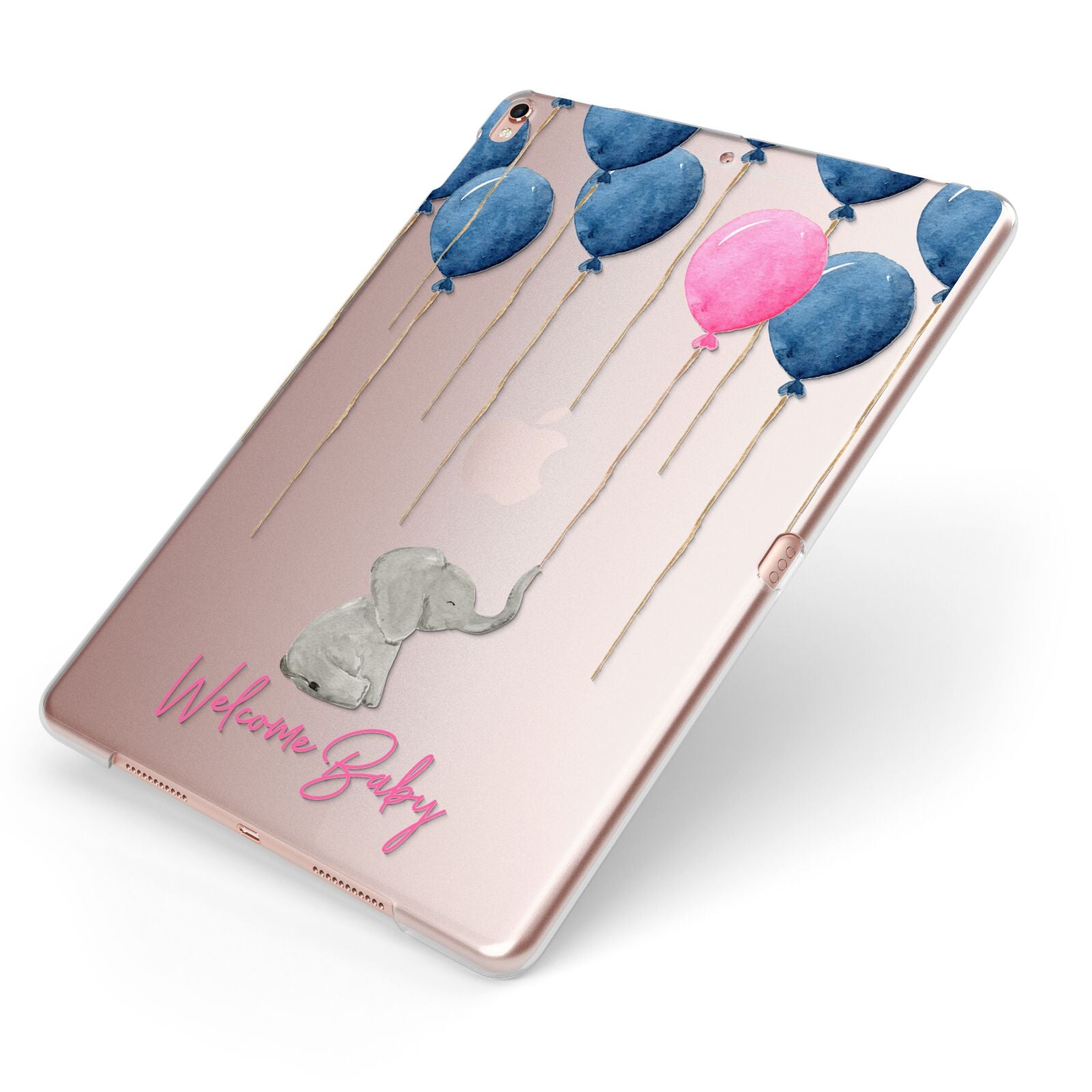 Elephant with Balloons Baby Girl Reveal Apple iPad Case on Rose Gold iPad Side View