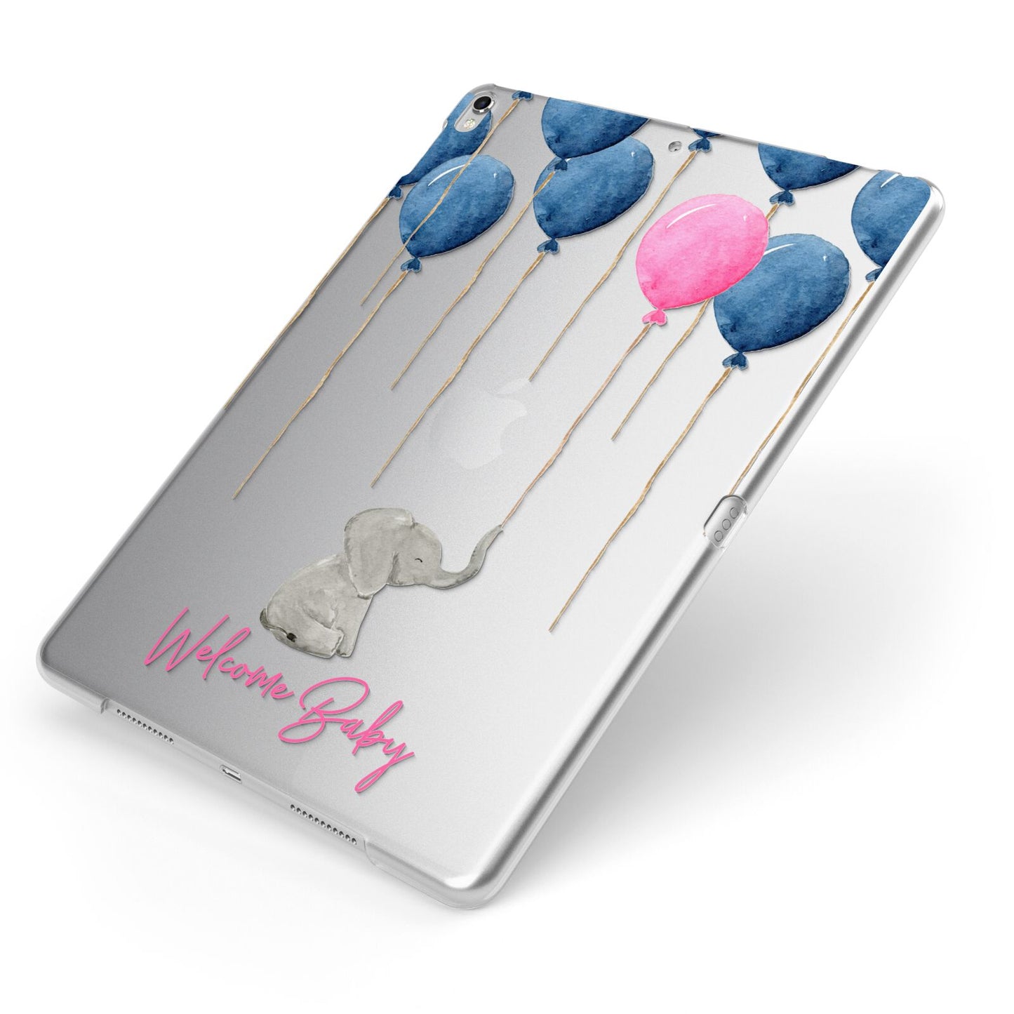 Elephant with Balloons Baby Girl Reveal Apple iPad Case on Silver iPad Side View