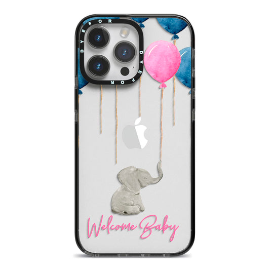 Elephant with Balloons Baby Girl Reveal iPhone 14 Pro Max Black Impact Case on Silver phone
