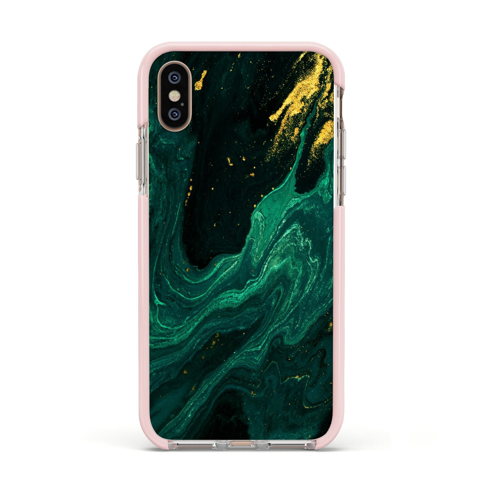 Emerald Green Apple iPhone Xs Impact Case Pink Edge on Gold Phone