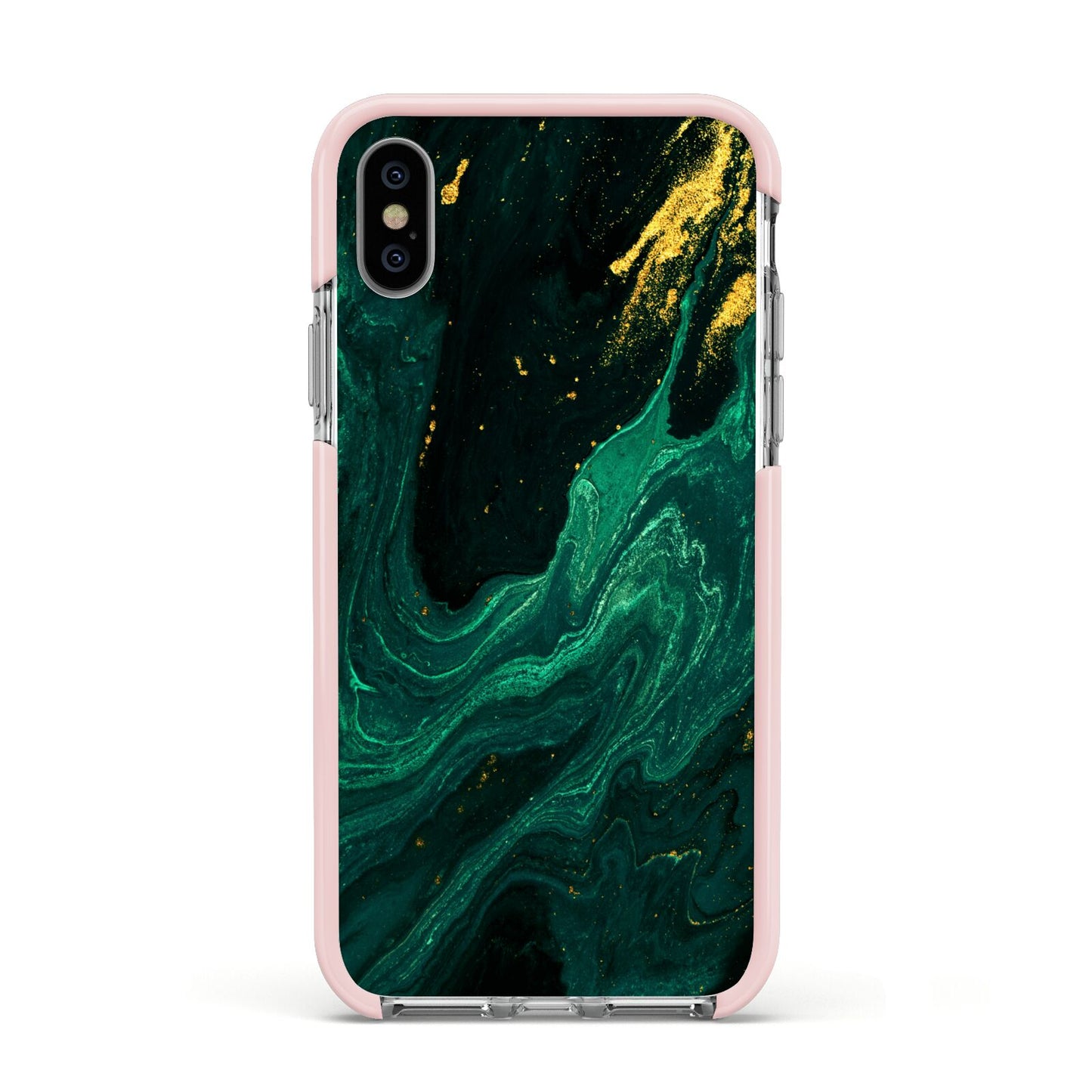 Emerald Green Apple iPhone Xs Impact Case Pink Edge on Silver Phone