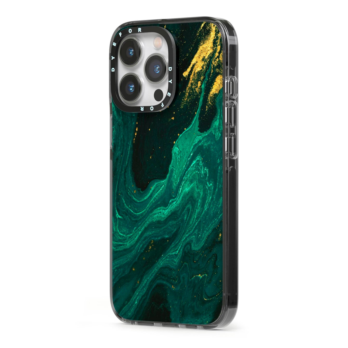 Emerald Green iPhone 13 Pro Black Impact Case Side Angle on Silver phone