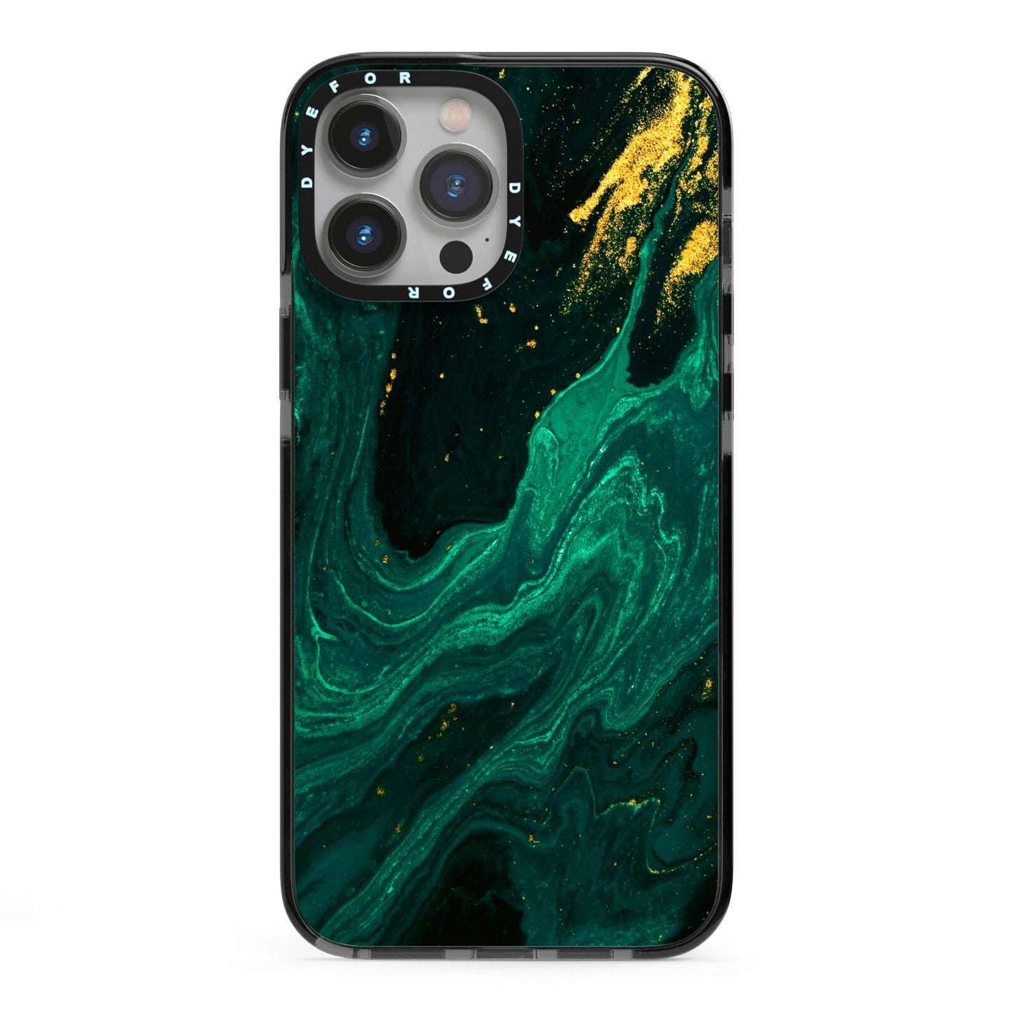 Emerald Green iPhone 13 Pro Max Black Impact Case on Silver phone