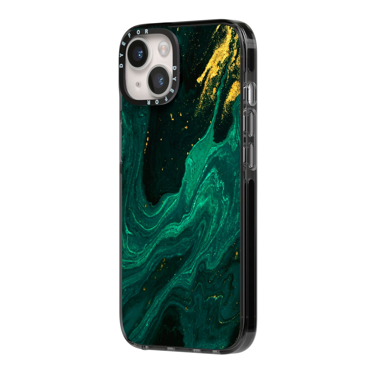 Emerald Green iPhone 14 Black Impact Case Side Angle on Silver phone