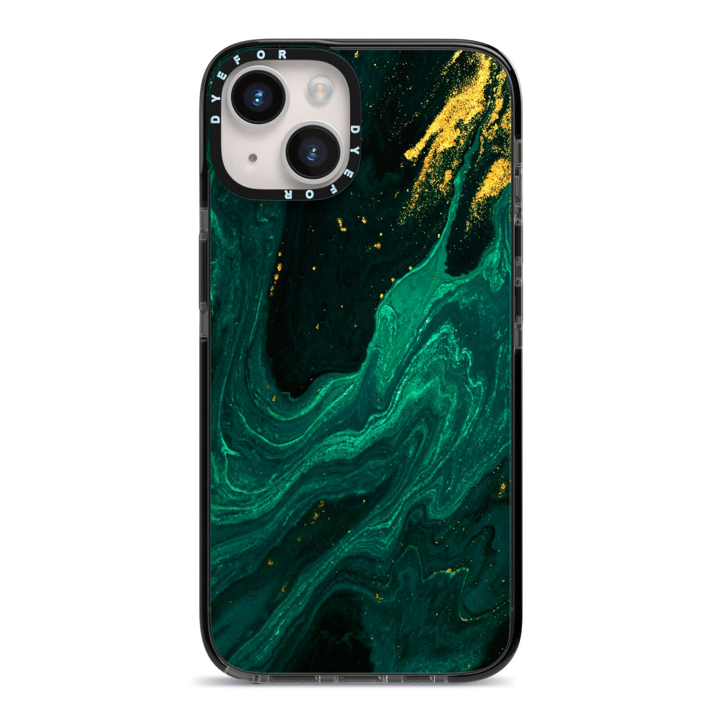 Emerald Green iPhone 14 Black Impact Case on Silver phone